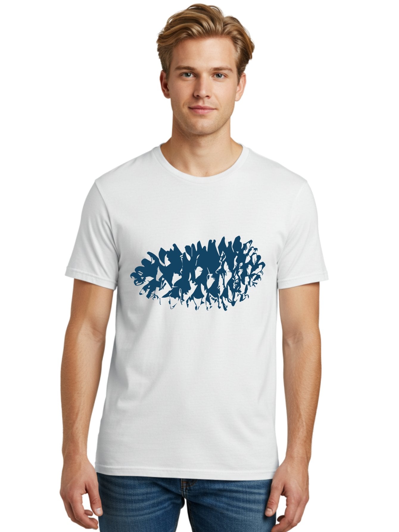 Rustic Pine Cluster Men'S Graphic Tee, 100% Cotton, Comfortable Casual Summer Wear, Machine Washable, Silhouette Of Horses, Group Of Horses, Galloping Horses, Abstract Horses, Dark Blue Horses, Dynamic Movement, Chaotic Movement, Horse Shapes, Aae627 28