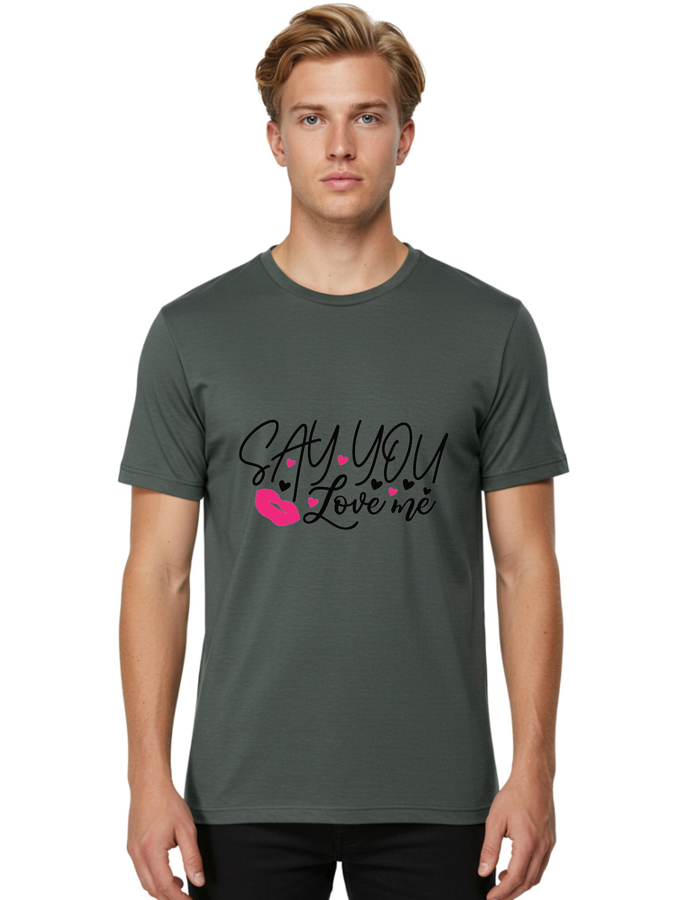 Say You Love Me Men'S Graphic Tee, 100% Cotton, Comfortable Casual Summer Wear, Machine Washable, Say You Love Me, Lipstick Kiss, Romantic Quote, Love Phrase, Heart Symbols, Pink Lips, Lovely Message, Sweet Sentiment, Charming Design, Aae629 8