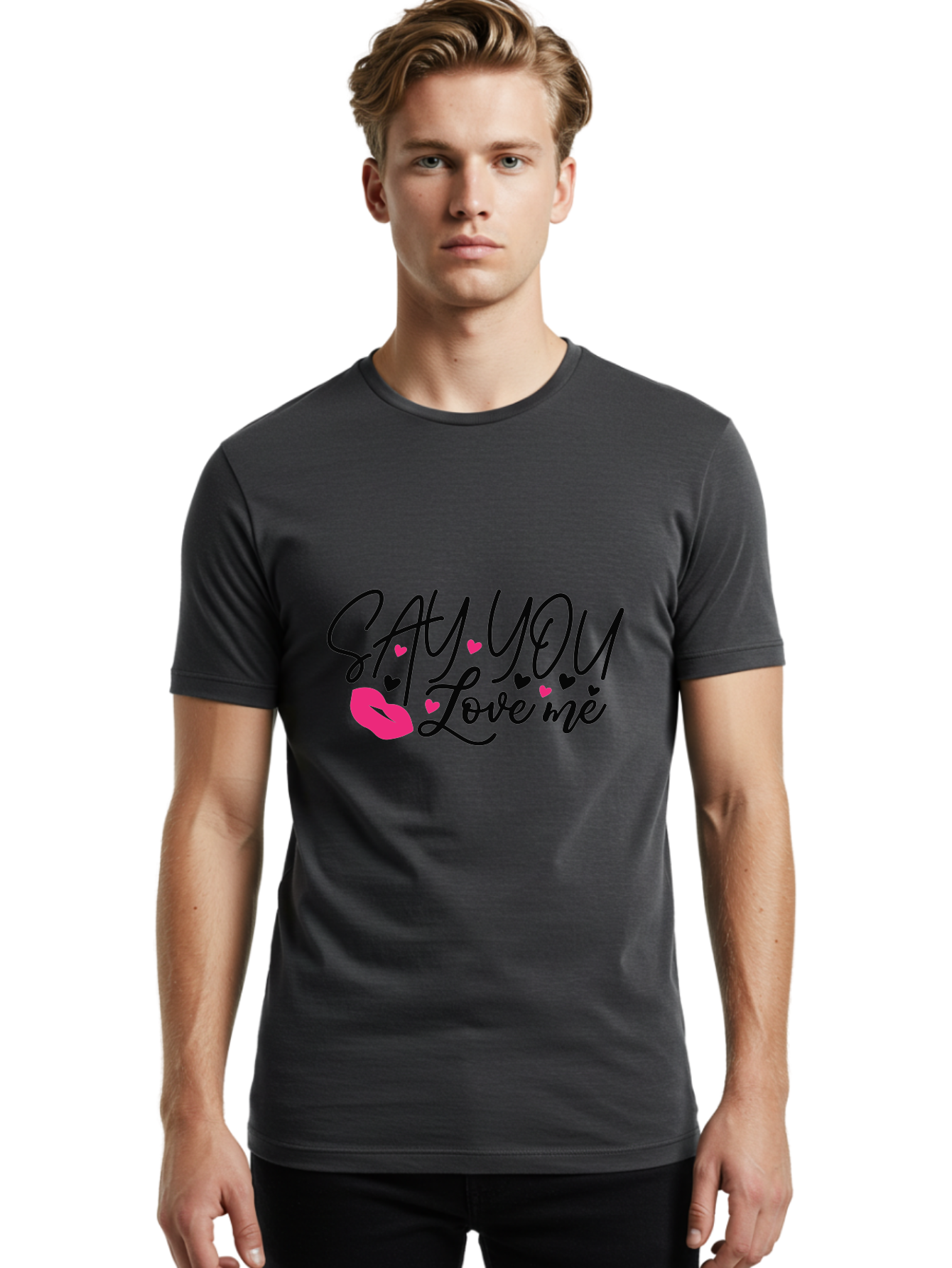 Say You Love Me Men'S Graphic Tee, 100% Cotton, Comfortable Casual Summer Wear, Machine Washable, Say You Love Me, Lipstick Kiss, Romantic Quote, Love Phrase, Heart Symbols, Pink Lips, Lovely Message, Sweet Sentiment, Charming Design, Aae629 10