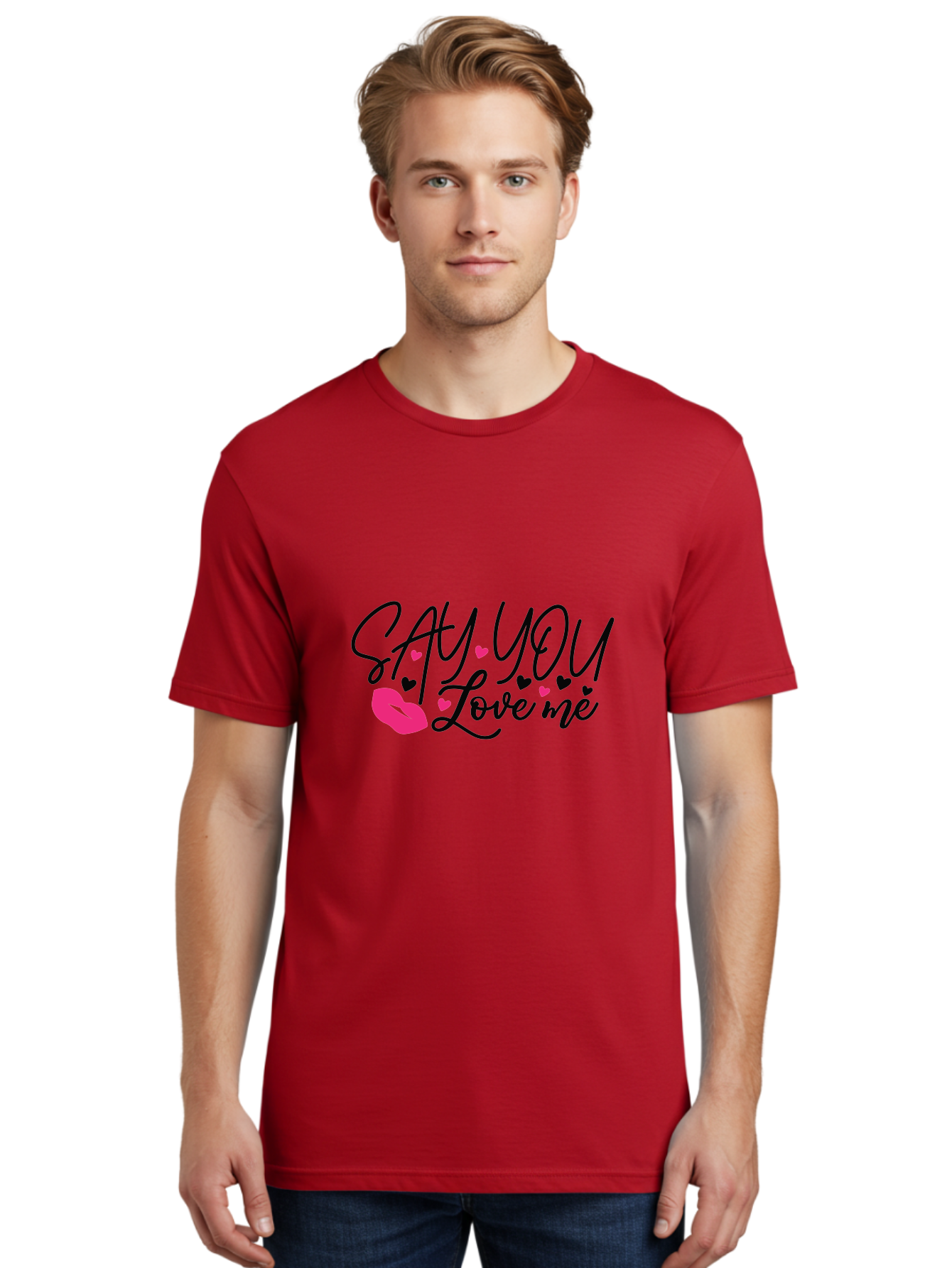 Say You Love Me Men'S Graphic Tee, 100% Cotton, Comfortable Casual Summer Wear, Machine Washable, Say You Love Me, Lipstick Kiss, Romantic Quote, Love Phrase, Heart Symbols, Pink Lips, Lovely Message, Sweet Sentiment, Charming Design, Aae629 20