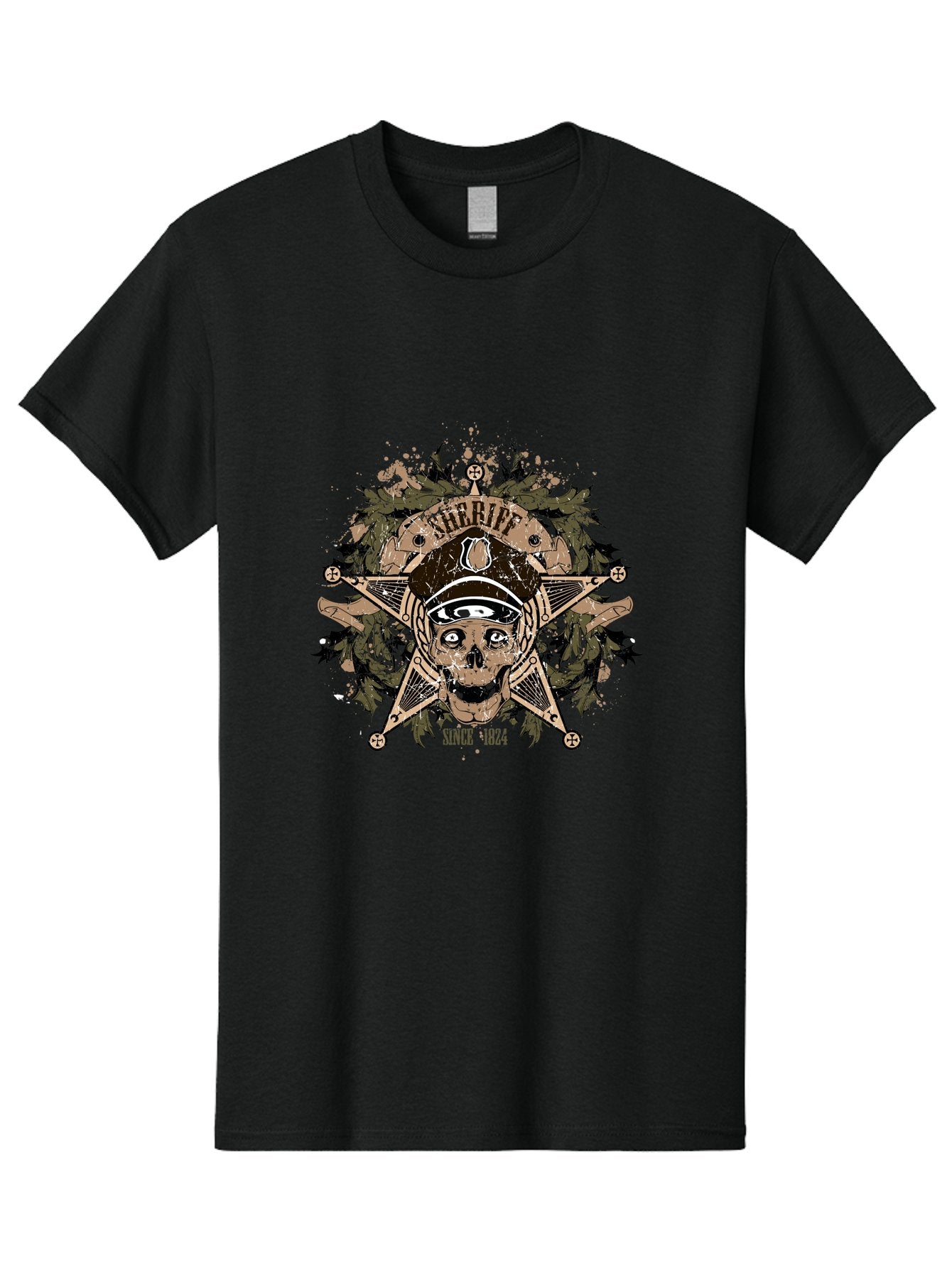 Sheriff Since 1824 Men'S Graphic Tee, 100% Cotton, Comfortable Casual Summer Wear, Machine Washable, Vintage Skull Design, Sailor Skull, Pirate Emblem, Nautical Theme, Tattoo Art, Grunge Style, Maritime Symbol, Edgy Aesthetic, Pirate Life, Aae634 5