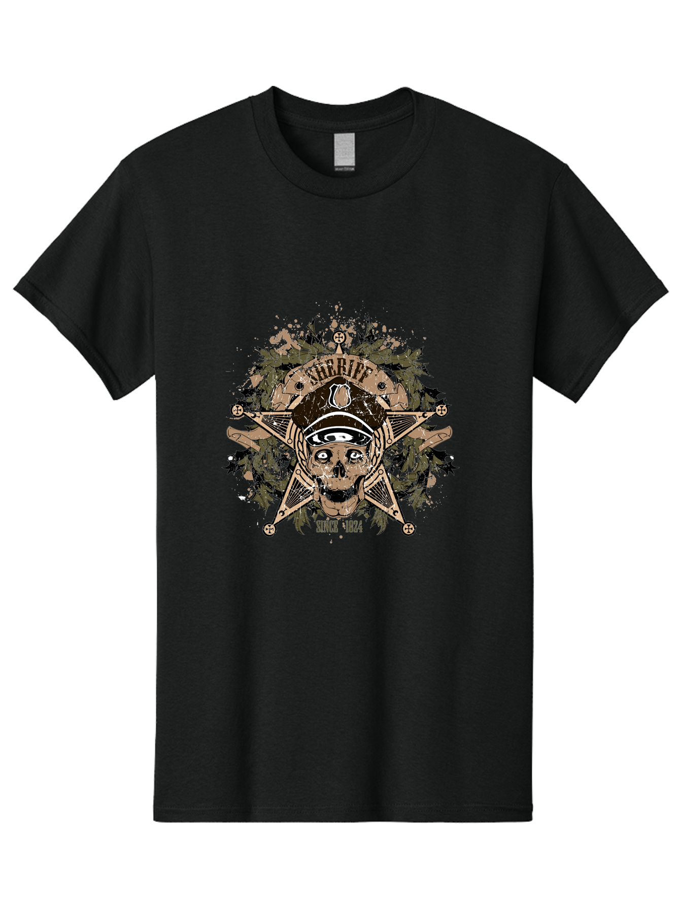 Sheriff Since 1824 Men'S Graphic Tee, 100% Cotton, Comfortable Casual Summer Wear, Machine Washable, Vintage Skull Design, Sailor Skull, Pirate Emblem, Nautical Theme, Tattoo Art, Grunge Style, Maritime Symbol, Edgy Aesthetic, Pirate Life, Aae634
