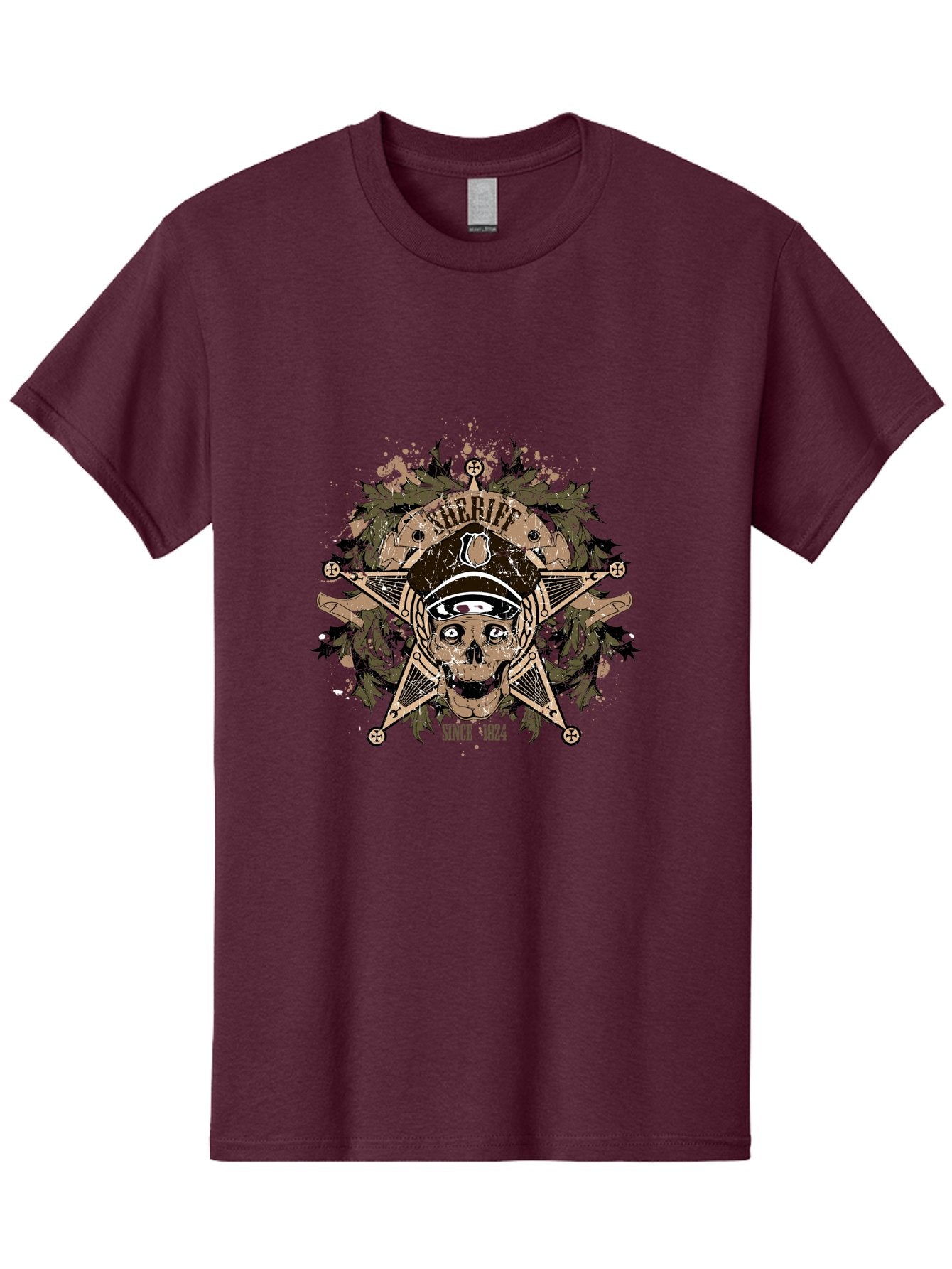 Sheriff Since 1824 Men'S Graphic Tee, 100% Cotton, Comfortable Casual Summer Wear, Machine Washable, Vintage Skull Design, Sailor Skull, Pirate Emblem, Nautical Theme, Tattoo Art, Grunge Style, Maritime Symbol, Edgy Aesthetic, Pirate Life, Aae634 15