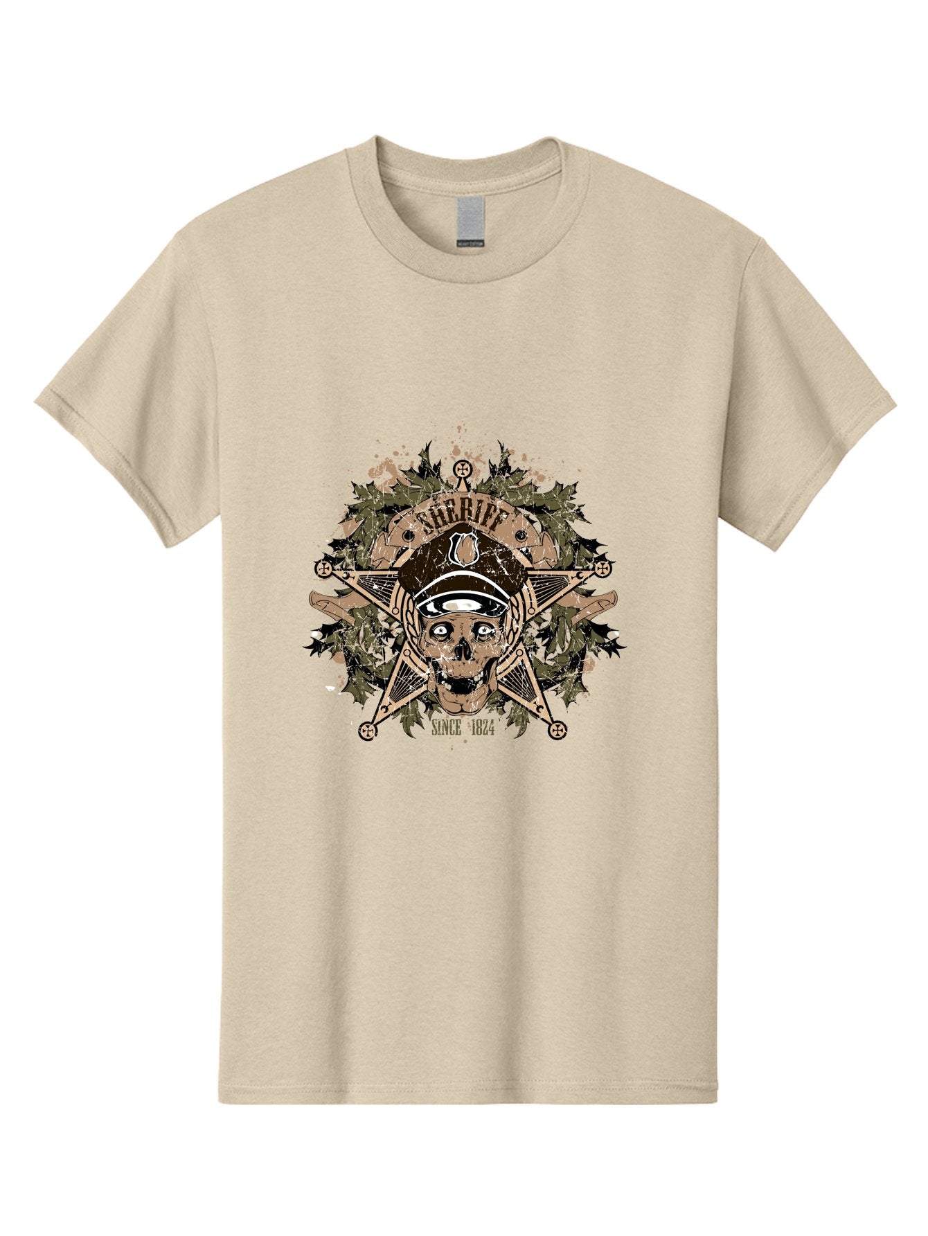 Sheriff Since 1824 Men'S Graphic Tee, 100% Cotton, Comfortable Casual Summer Wear, Machine Washable, Vintage Skull Design, Sailor Skull, Pirate Emblem, Nautical Theme, Tattoo Art, Grunge Style, Maritime Symbol, Edgy Aesthetic, Pirate Life, Aae634 4