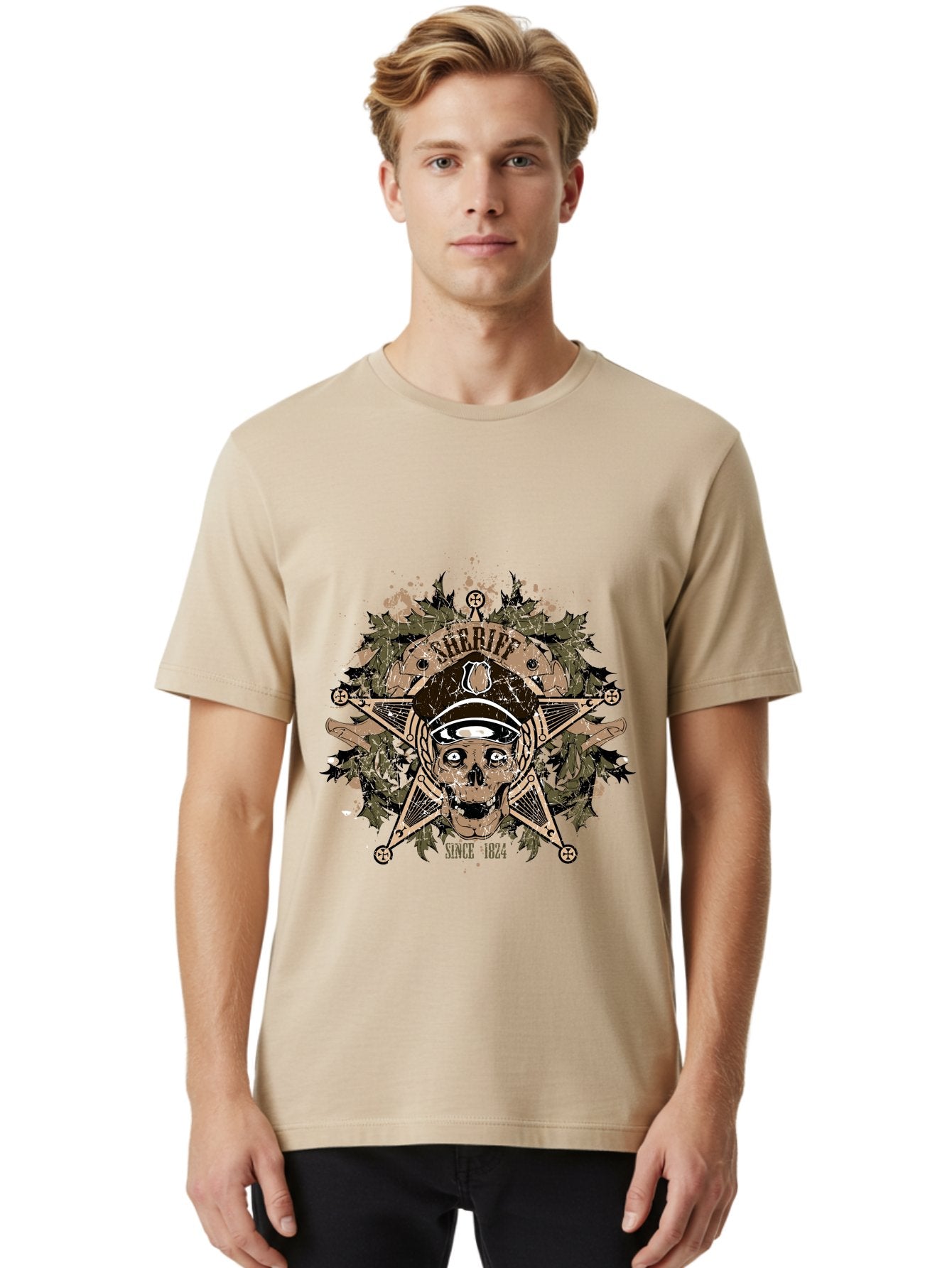 Sheriff Since 1824 Men'S Graphic Tee, 100% Cotton, Comfortable Casual Summer Wear, Machine Washable, Vintage Skull Design, Sailor Skull, Pirate Emblem, Nautical Theme, Tattoo Art, Grunge Style, Maritime Symbol, Edgy Aesthetic, Pirate Life, Aae634 18