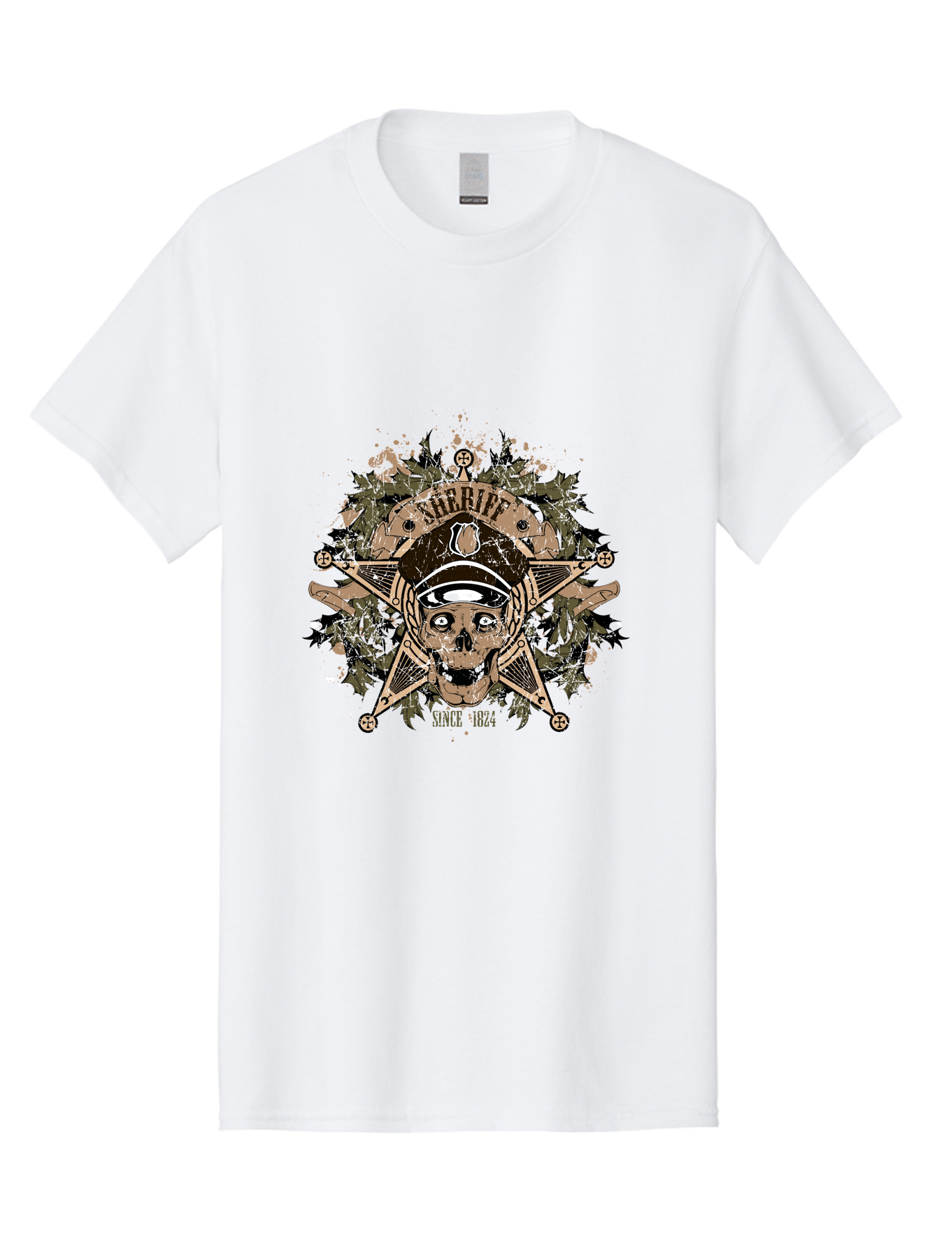 Sheriff Since 1824 Men'S Graphic Tee, 100% Cotton, Comfortable Casual Summer Wear, Machine Washable, Vintage Skull Design, Sailor Skull, Pirate Emblem, Nautical Theme, Tattoo Art, Grunge Style, Maritime Symbol, Edgy Aesthetic, Pirate Life, Aae634 23