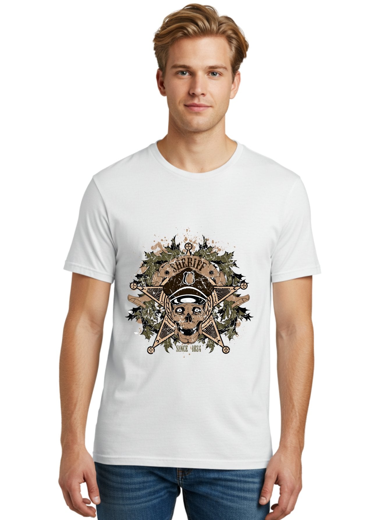 Sheriff Since 1824 Men'S Graphic Tee, 100% Cotton, Comfortable Casual Summer Wear, Machine Washable, Vintage Skull Design, Sailor Skull, Pirate Emblem, Nautical Theme, Tattoo Art, Grunge Style, Maritime Symbol, Edgy Aesthetic, Pirate Life, Aae634 24