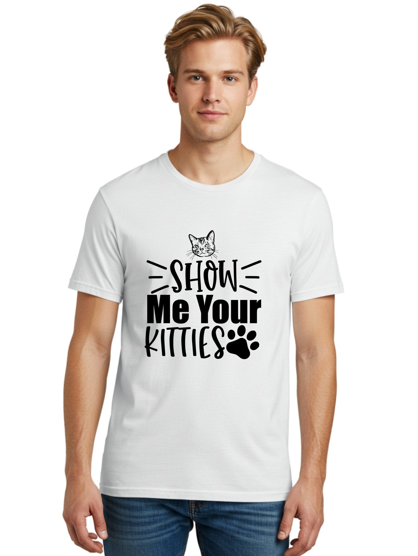 Show Me Your Kitties Men'S Graphic Tee, 100% Cotton, Comfortable Casual Summer Wear, Machine Washable, Cat Lovers, Kitties, Cat Theme, Feline Fun, Paw Print, Cat Face, Cute Graphics, Pet Lovers, Show Me Your Kitties Aae636 25