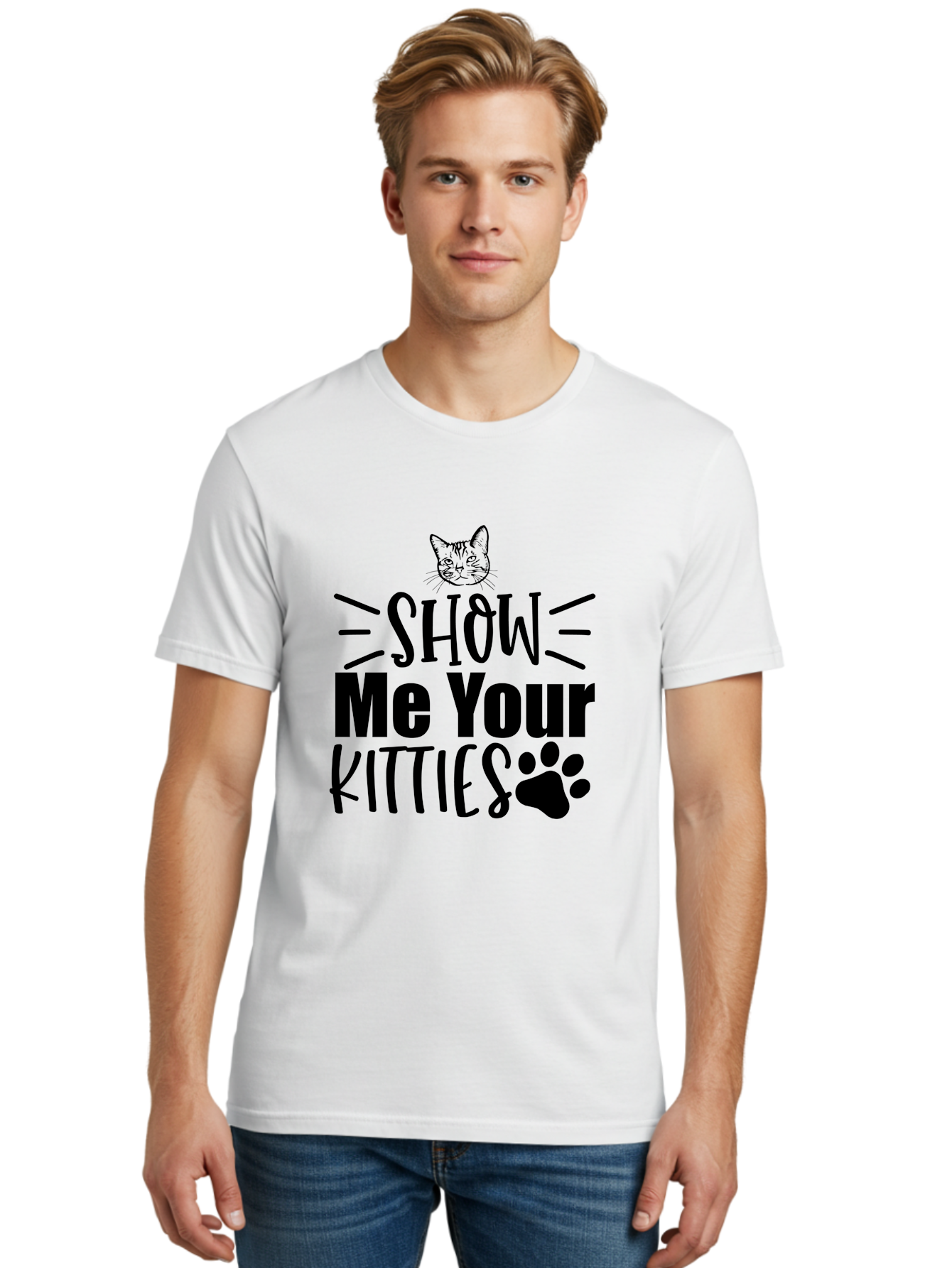 Show Me Your Kitties Men'S Graphic Tee, 100% Cotton, Comfortable Casual Summer Wear, Machine Washable, Cat Lovers, Kitties, Cat Theme, Feline Fun, Paw Print, Cat Face, Cute Graphics, Pet Lovers, Show Me Your Kitties Aae636 16
