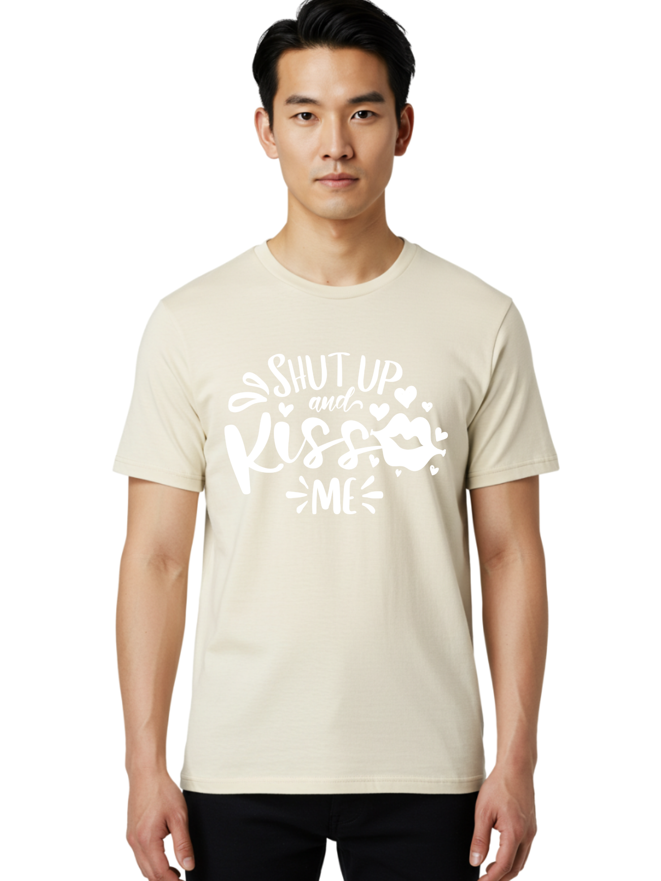 Shut Up And Kiss Me White Men'S Graphic Tee, 100% Cotton, Comfortable Casual Summer Wear, Machine Washable, Romantic Quote, Kiss Me, Shut Up, Love Message, Heart Icons, Lips Illustration, Affectionate Phrase, Valentines Day, Sweet Nothings, Aae637 4