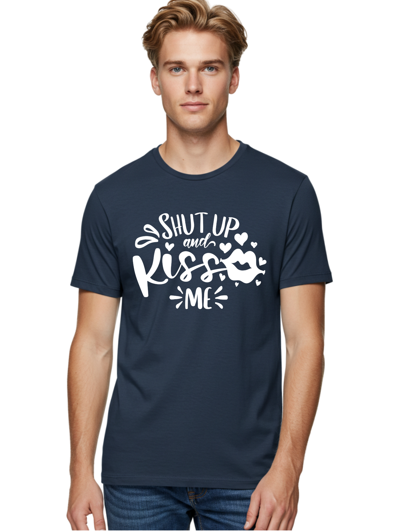 Shut Up And Kiss Me White Men'S Graphic Tee, 100% Cotton, Comfortable Casual Summer Wear, Machine Washable, Romantic Quote, Kiss Me, Shut Up, Love Message, Heart Icons, Lips Illustration, Affectionate Phrase, Valentines Day, Sweet Nothings, Aae637 30