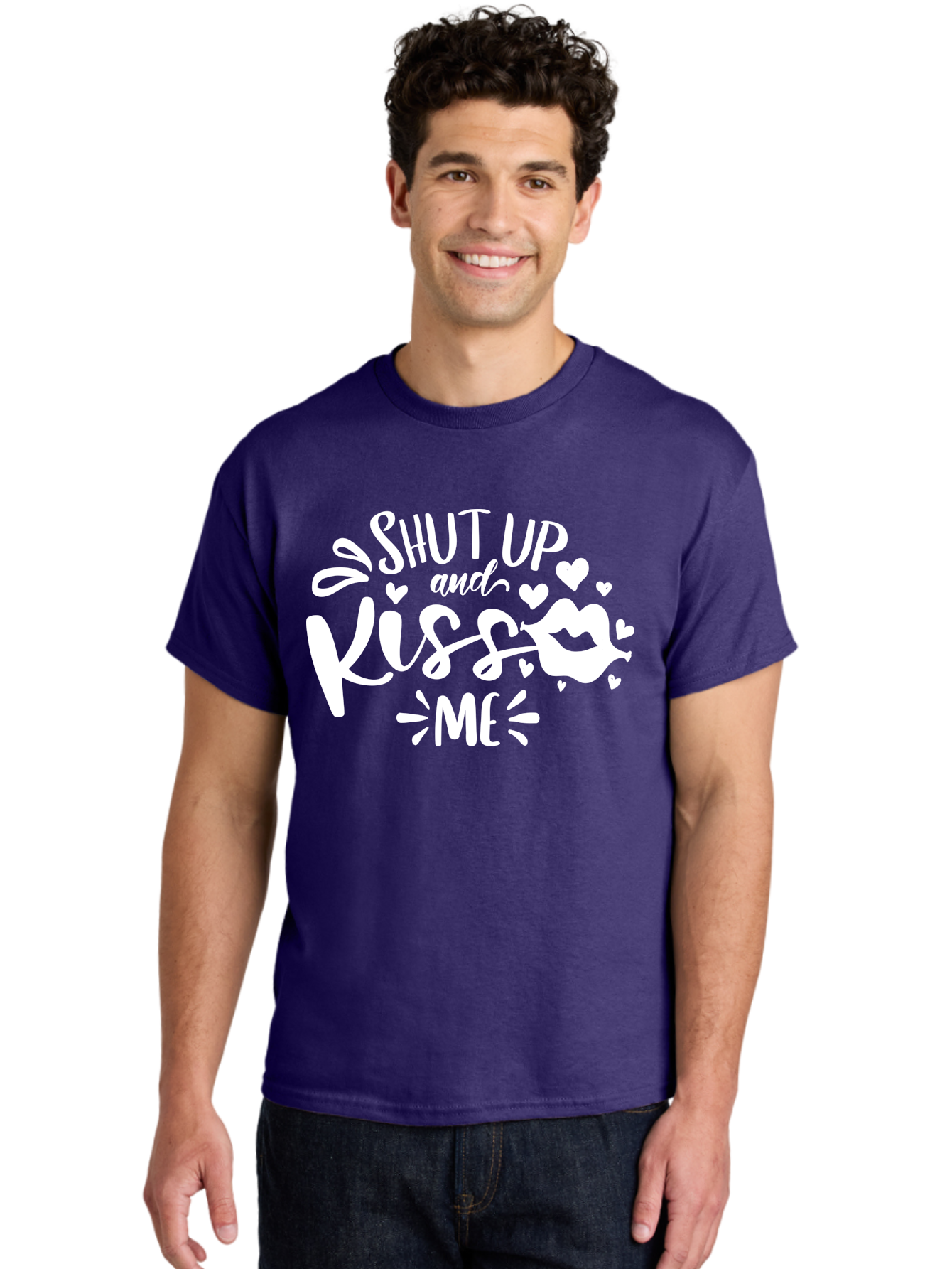 Shut Up And Kiss Me White Men'S Graphic Tee, 100% Cotton, Comfortable Casual Summer Wear, Machine Washable, Romantic Quote, Kiss Me, Shut Up, Love Message, Heart Icons, Lips Illustration, Affectionate Phrase, Valentines Day, Sweet Nothings, Aae637 10