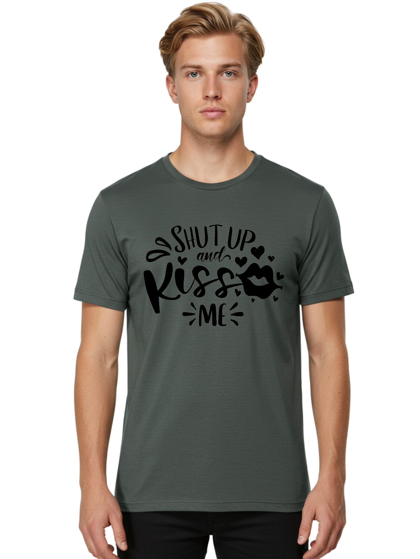 Shut Up And Kiss Me Men'S Graphic Tee, 100% Cotton, Comfortable Casual Summer Wear, Machine Washable, Love Quotes, Romantic Phrases, Kiss Me, Shut Up, Valentines Day Gifts, Couples Quotes, Heart Graphics, Lips Illustration, Sassy Phrases Aae638 14