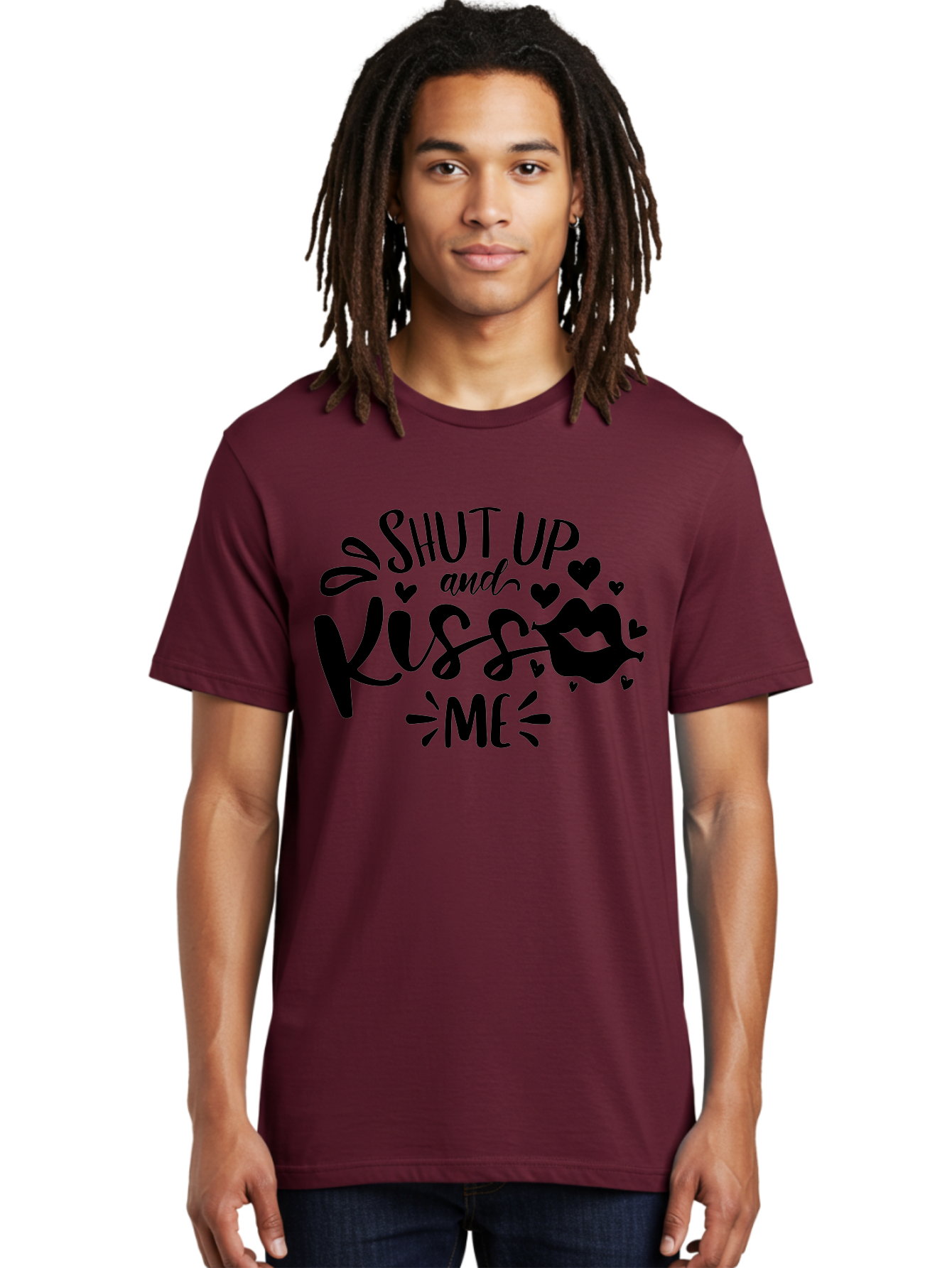 Shut Up And Kiss Me Men'S Graphic Tee, 100% Cotton, Comfortable Casual Summer Wear, Machine Washable, Love Quotes, Romantic Phrases, Kiss Me, Shut Up, Valentines Day Gifts, Couples Quotes, Heart Graphics, Lips Illustration, Sassy Phrases Aae638