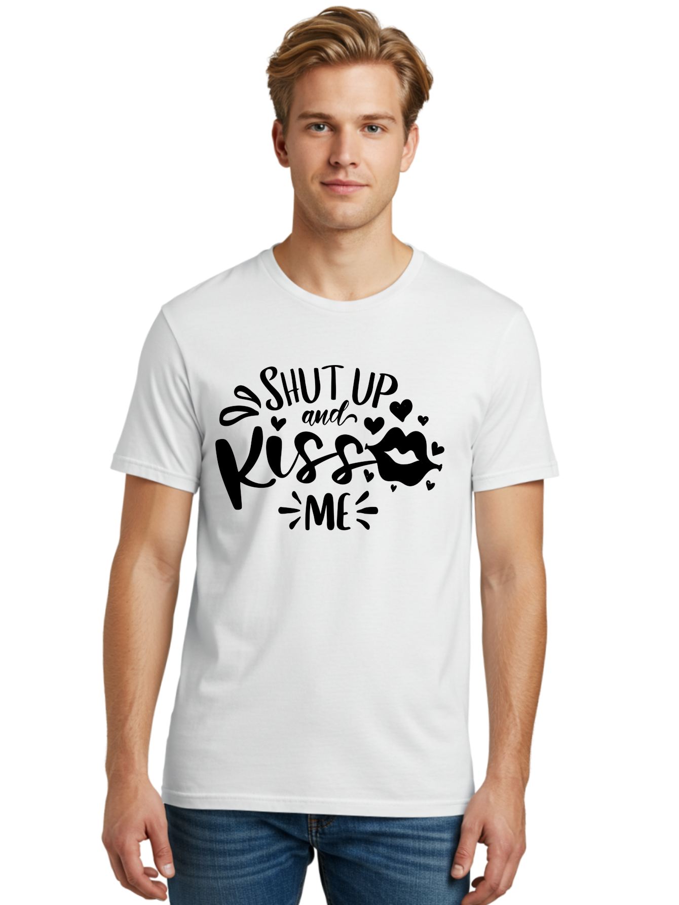 Shut Up And Kiss Me Men'S Graphic Tee, 100% Cotton, Comfortable Casual Summer Wear, Machine Washable, Love Quotes, Romantic Phrases, Kiss Me, Shut Up, Valentines Day Gifts, Couples Quotes, Heart Graphics, Lips Illustration, Sassy Phrases Aae638 4