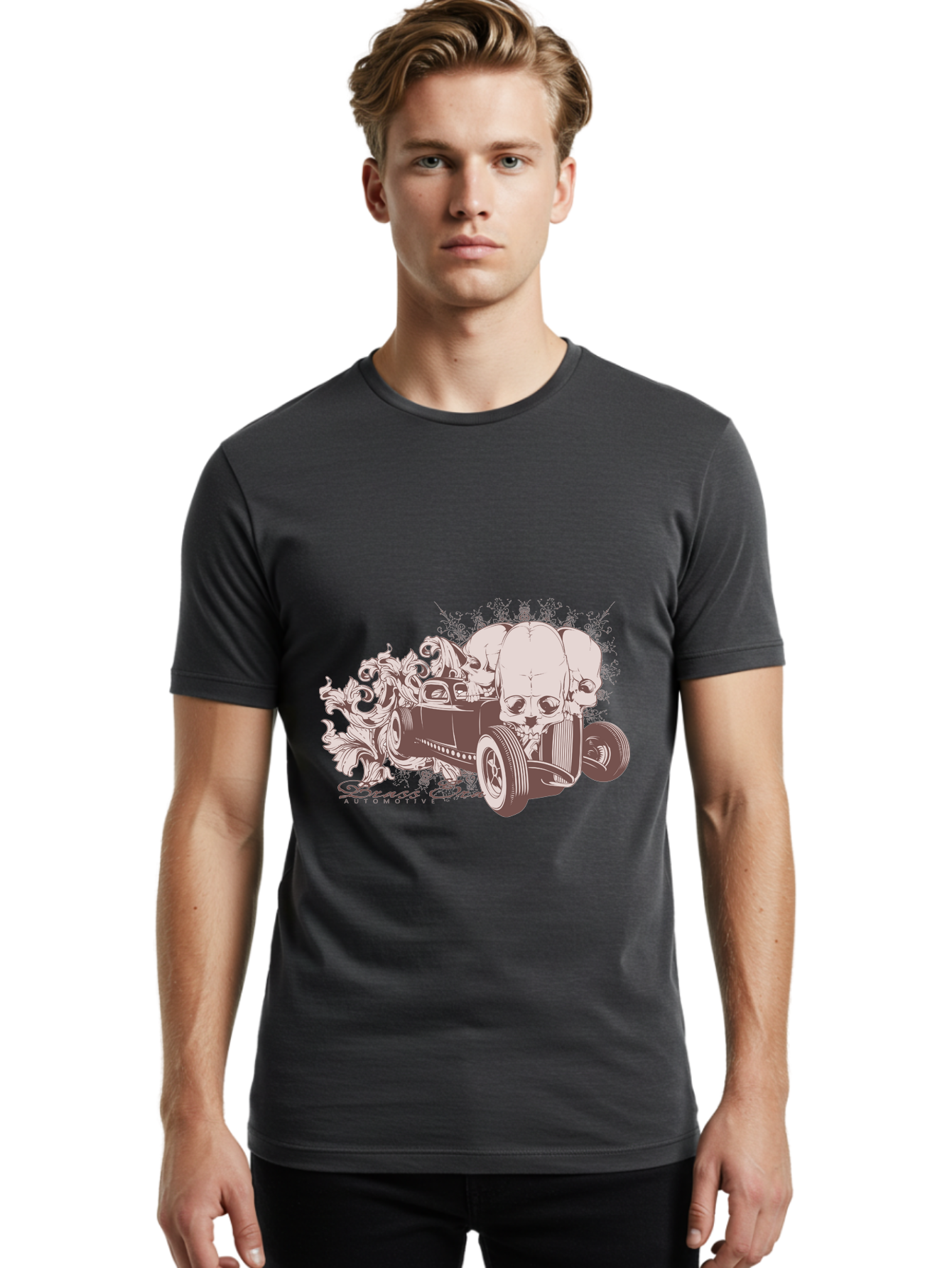 Skull Drive Men'S Graphic Tee, 100% Cotton, Comfortable Casual Summer Wear, Machine Washable, Hot Rod Car, Sugar Skull, Vintage Vehicle, Skull Design, Gothic Art, Automotive Culture, Custom Car, Skull Graphics Aae650