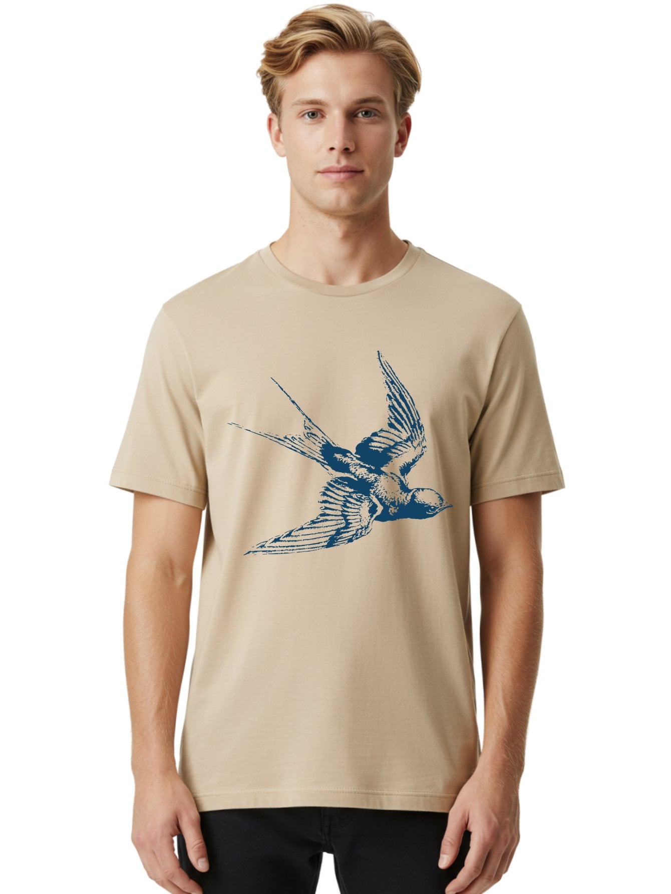 Skybound Sparrow Men'S Graphic Tee, 100% Cotton, Comfortable Casual Summer Wear, Machine Washable, Swallow Bird In Flight, Blue Bird Illustration, Bird In Air, Flying Swallow, Bird Species, Wildlife Art, Avian Illustration Aae651 27