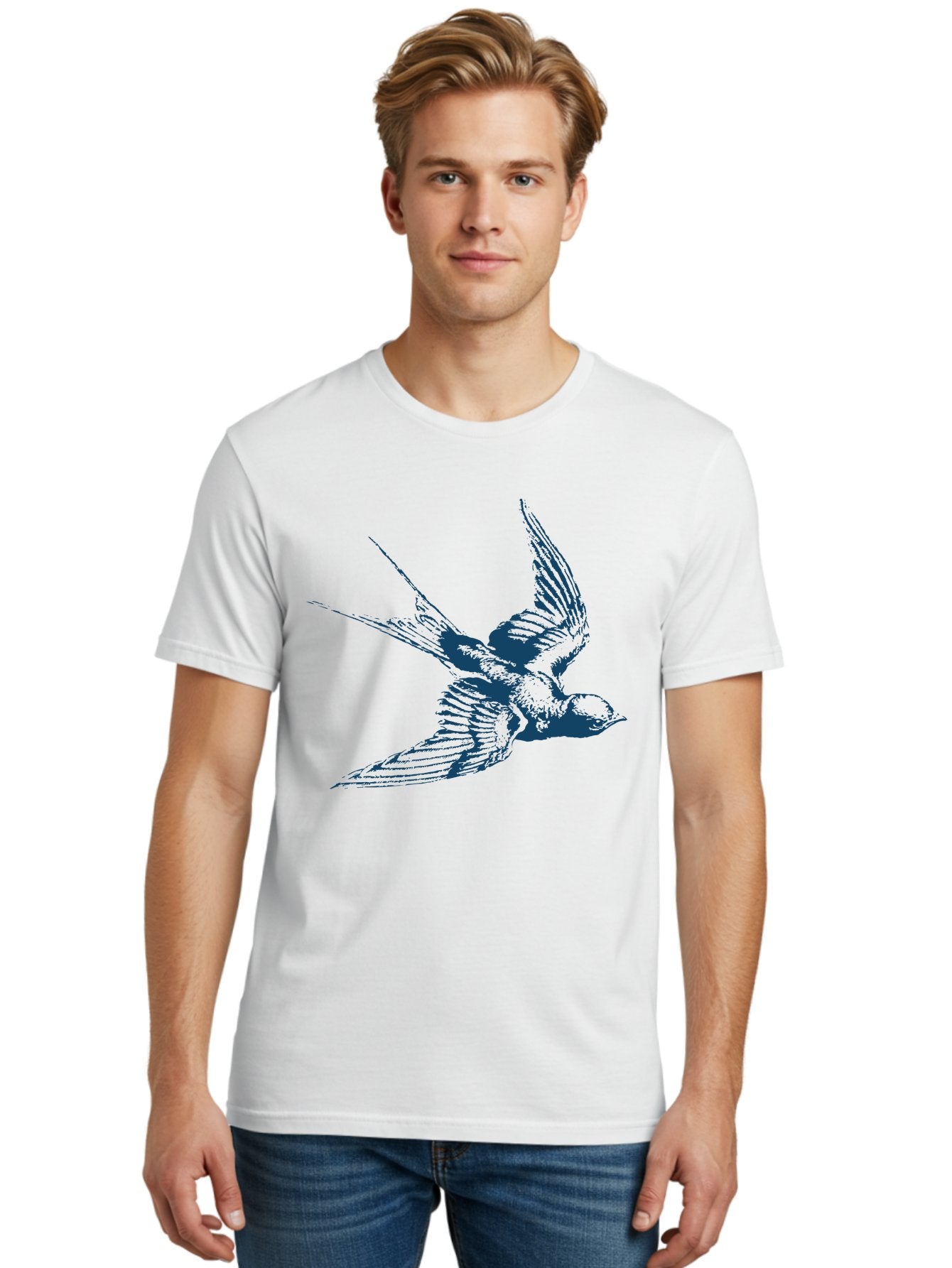 Skybound Sparrow Men'S Graphic Tee, 100% Cotton, Comfortable Casual Summer Wear, Machine Washable, Swallow Bird In Flight, Blue Bird Illustration, Bird In Air, Flying Swallow, Bird Species, Wildlife Art, Avian Illustration Aae651 22