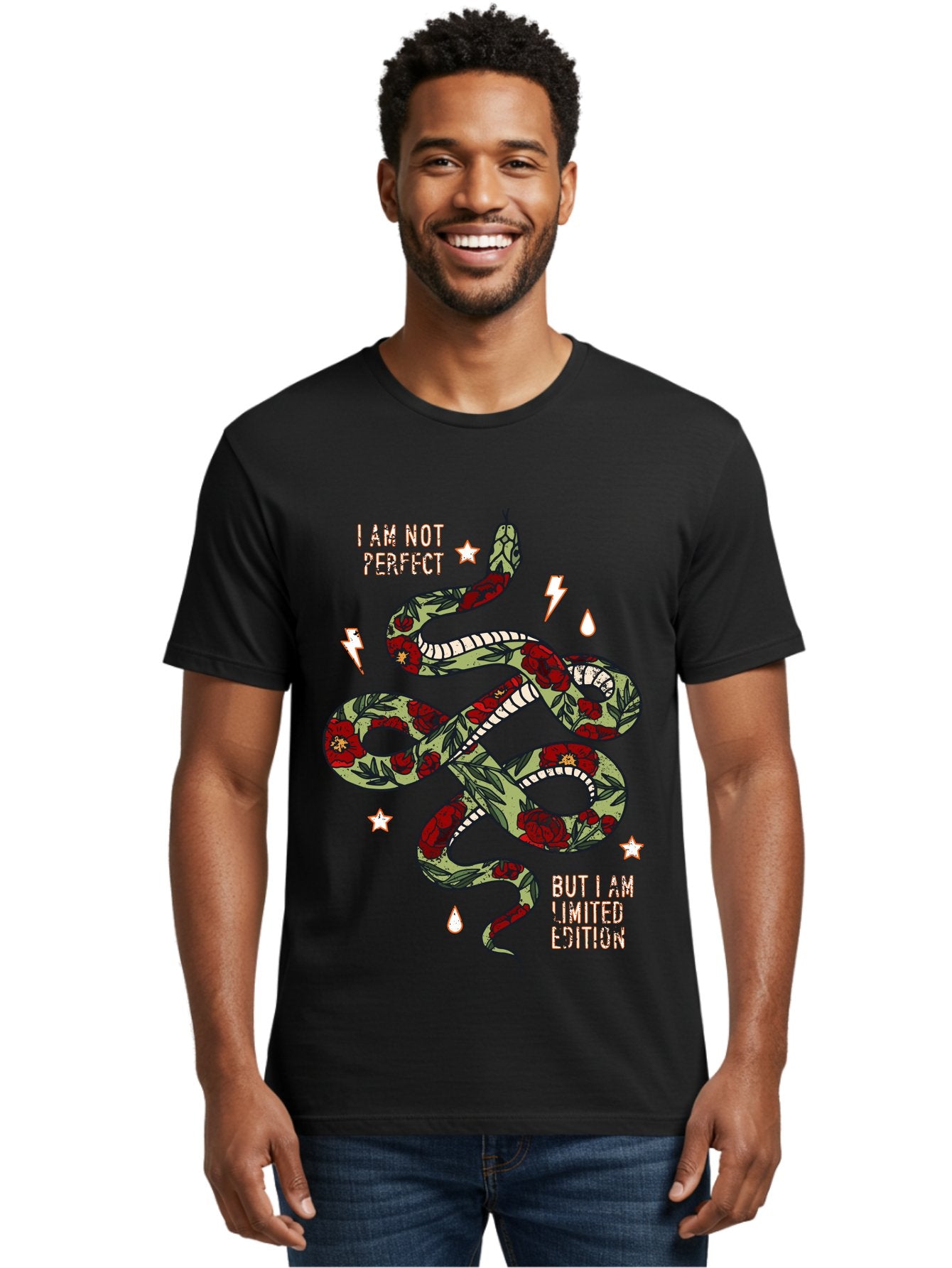 Snake Men'S Graphic Tee, 100% Cotton, Comfortable Casual Summer Wear, Machine Washable, Snake With Red Roses, Limited Edition, Motivational Quote, Self-Love, Empowerment, Unique Personality, Floral Pattern, Bold Design, Inspirational Art, Aae654 22