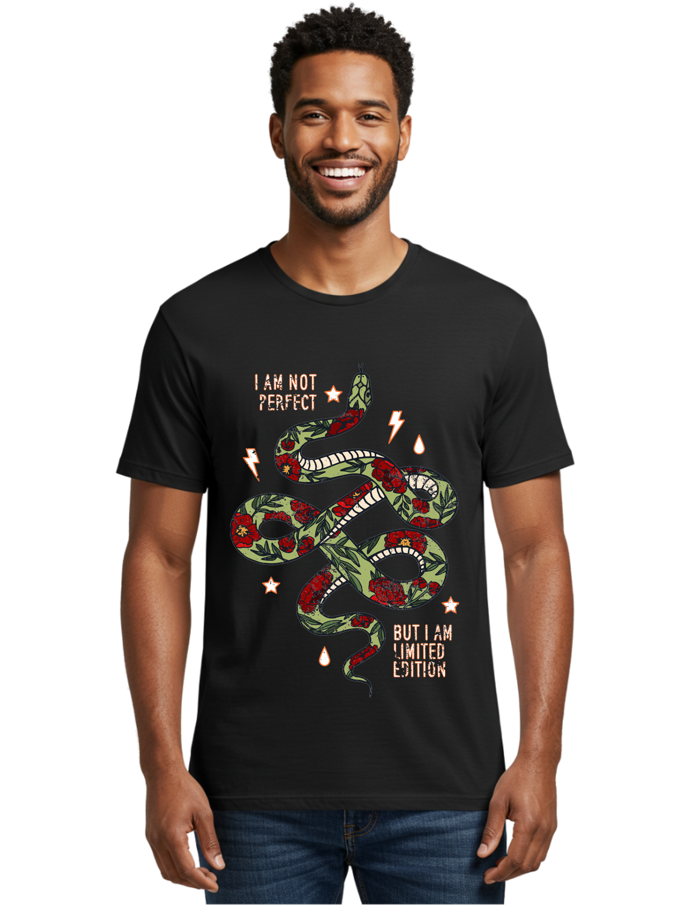 Snake Men'S Graphic Tee, 100% Cotton, Comfortable Casual Summer Wear, Machine Washable, Snake With Red Roses, Limited Edition, Motivational Quote, Self-Love, Empowerment, Unique Personality, Floral Pattern, Bold Design, Inspirational Art, Aae654 4