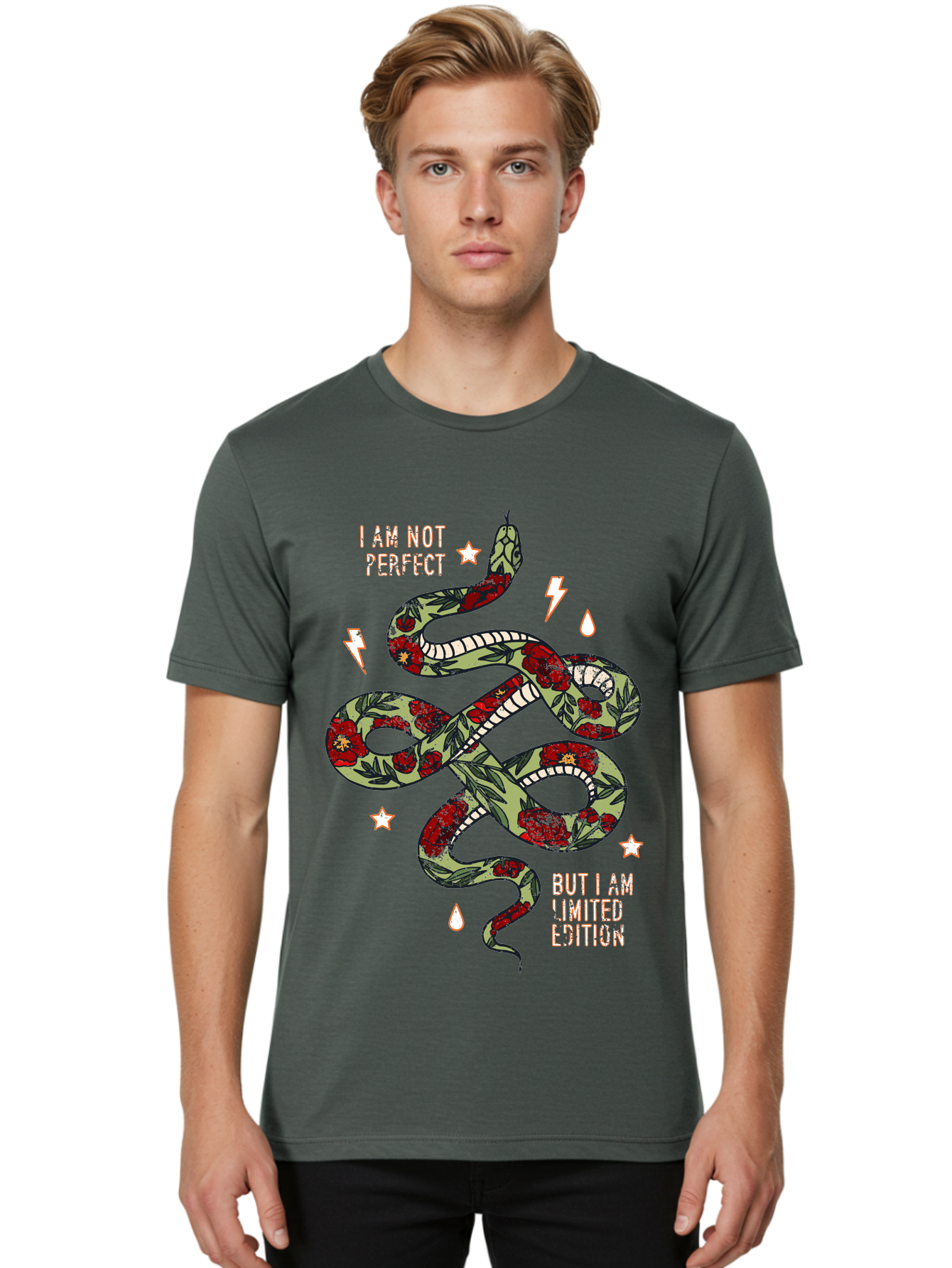 Snake Men'S Graphic Tee, 100% Cotton, Comfortable Casual Summer Wear, Machine Washable, Snake With Red Roses, Limited Edition, Motivational Quote, Self-Love, Empowerment, Unique Personality, Floral Pattern, Bold Design, Inspirational Art, Aae654 16