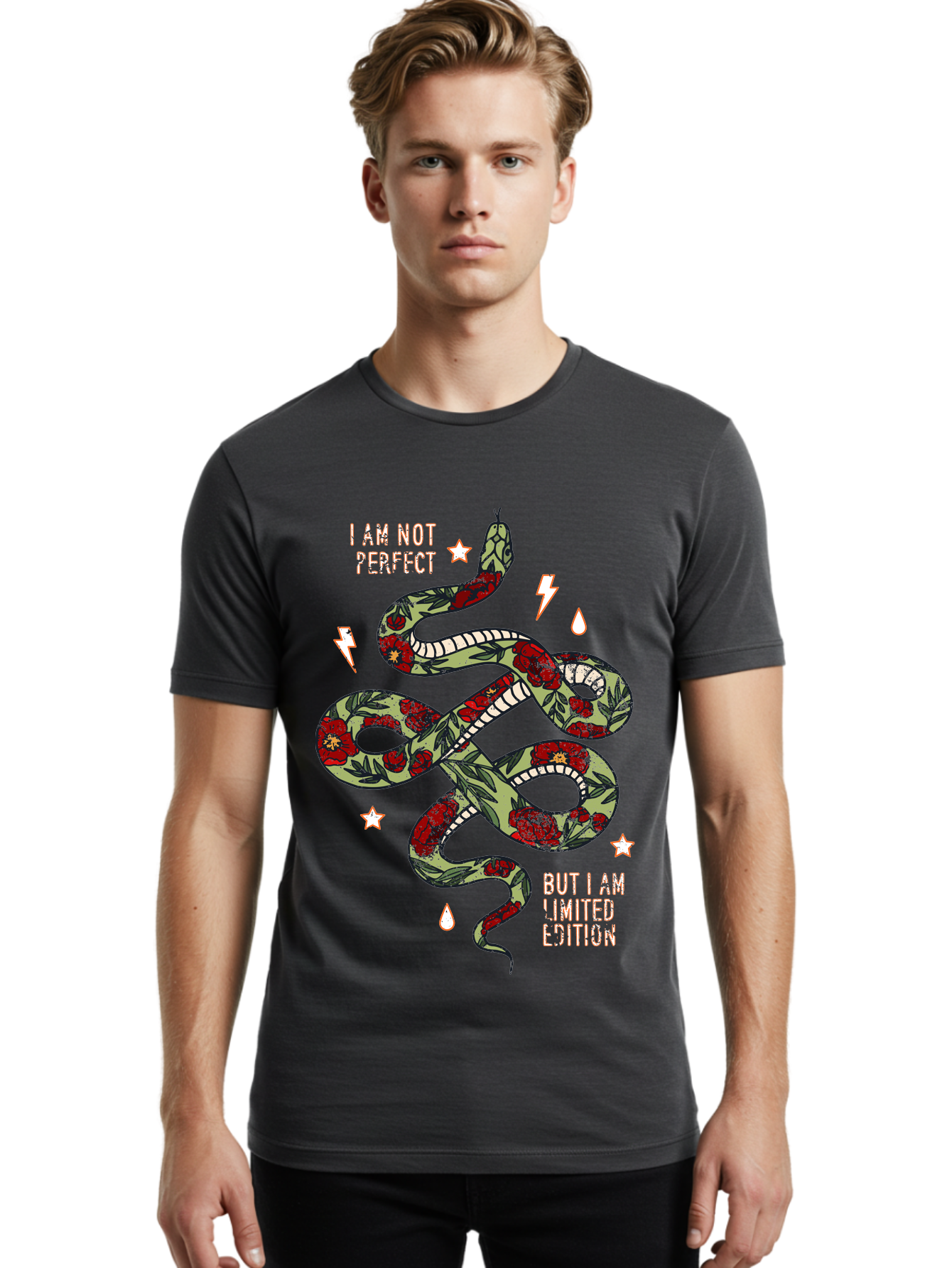 Snake Men'S Graphic Tee, 100% Cotton, Comfortable Casual Summer Wear, Machine Washable, Snake With Red Roses, Limited Edition, Motivational Quote, Self-Love, Empowerment, Unique Personality, Floral Pattern, Bold Design, Inspirational Art, Aae654 20