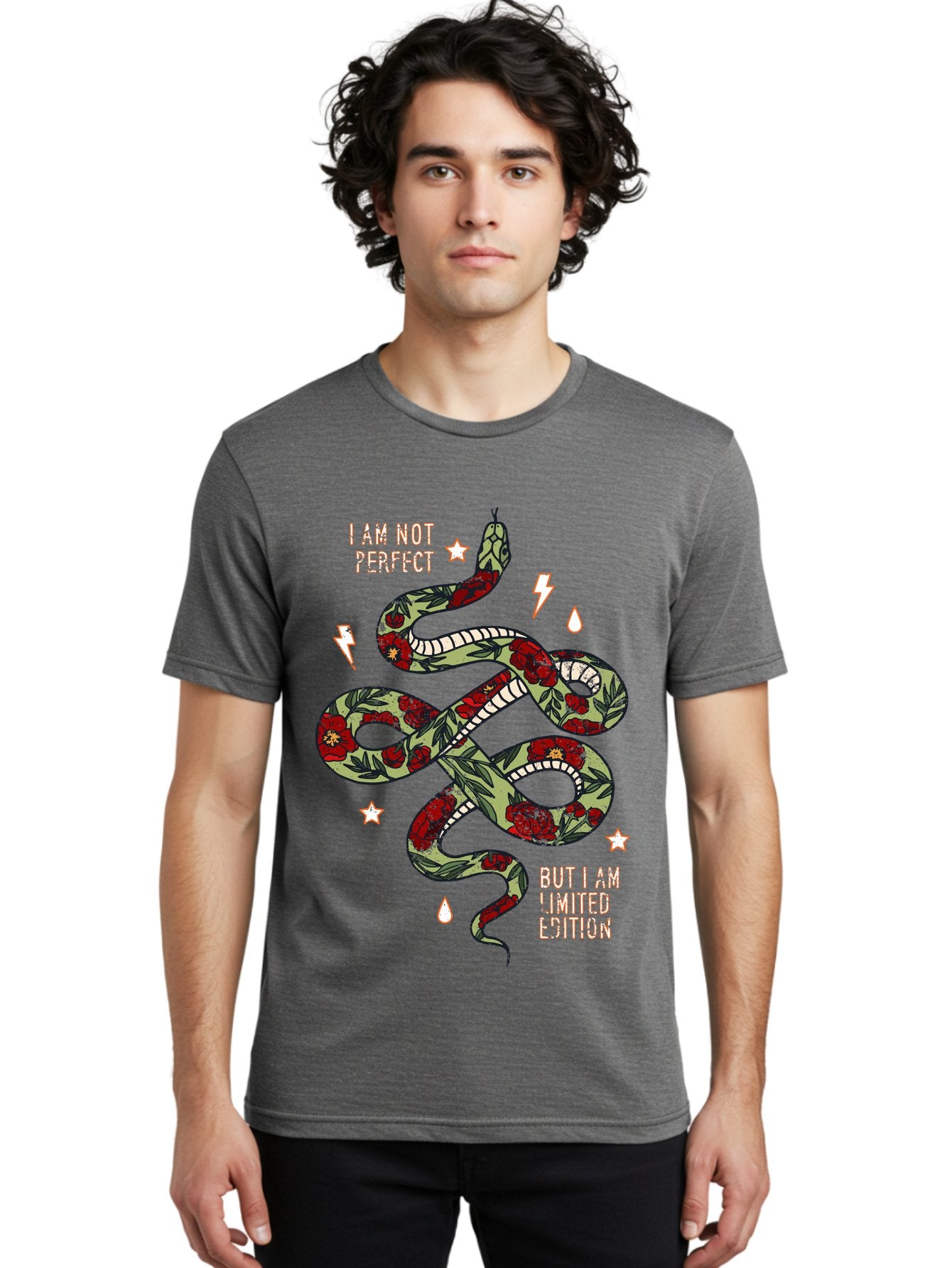 Snake Men'S Graphic Tee, 100% Cotton, Comfortable Casual Summer Wear, Machine Washable, Snake With Red Roses, Limited Edition, Motivational Quote, Self-Love, Empowerment, Unique Personality, Floral Pattern, Bold Design, Inspirational Art, Aae654 23