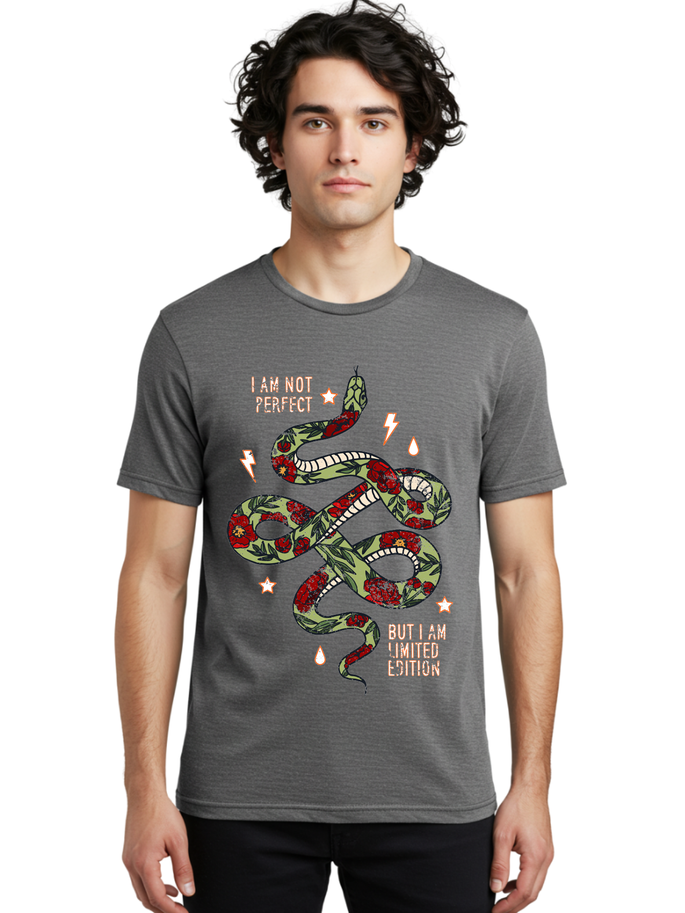 Snake Men'S Graphic Tee, 100% Cotton, Comfortable Casual Summer Wear, Machine Washable, Snake With Red Roses, Limited Edition, Motivational Quote, Self-Love, Empowerment, Unique Personality, Floral Pattern, Bold Design, Inspirational Art, Aae654