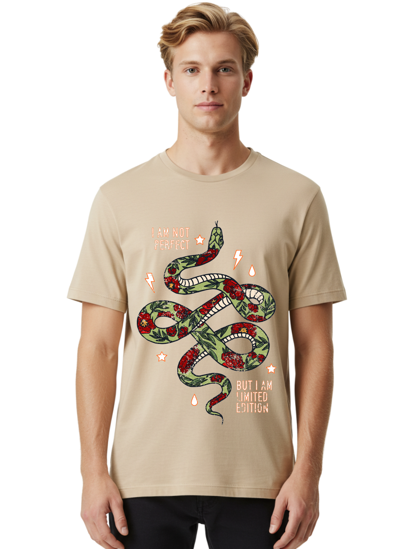 Snake Men'S Graphic Tee, 100% Cotton, Comfortable Casual Summer Wear, Machine Washable, Snake With Red Roses, Limited Edition, Motivational Quote, Self-Love, Empowerment, Unique Personality, Floral Pattern, Bold Design, Inspirational Art, Aae654 24