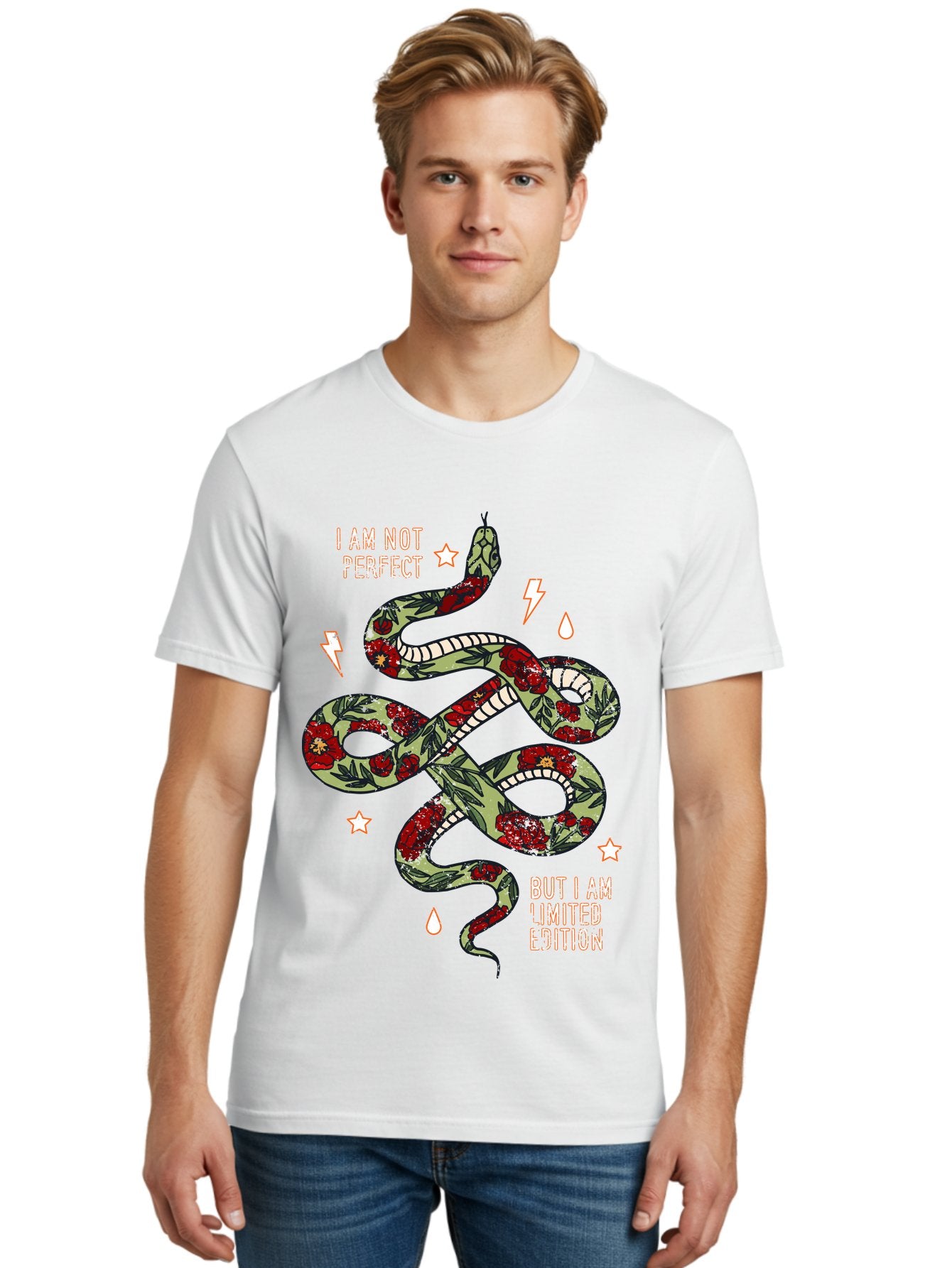 Snake Men'S Graphic Tee, 100% Cotton, Comfortable Casual Summer Wear, Machine Washable, Snake With Red Roses, Limited Edition, Motivational Quote, Self-Love, Empowerment, Unique Personality, Floral Pattern, Bold Design, Inspirational Art, Aae654 29