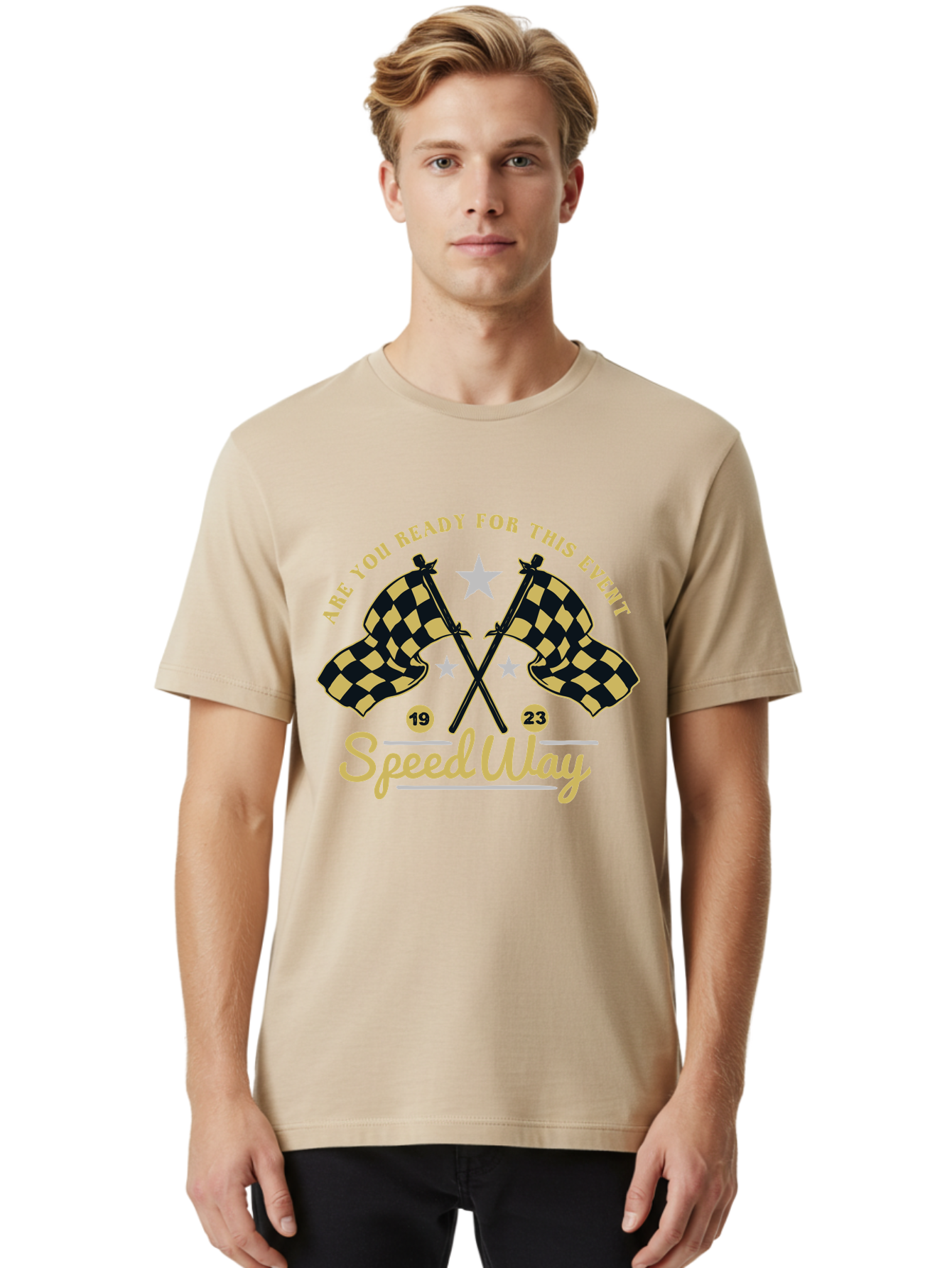 Speedway Men'S Graphic Tee, 100% Cotton, Comfortable Casual Summer Wear, Machine Washable, Racing Flags, Checkered Flags, Speedway Racing, Motorsports Event, Racing Numbers 19 And 23, Are You Ready For This Event, Racing Stars Aae664