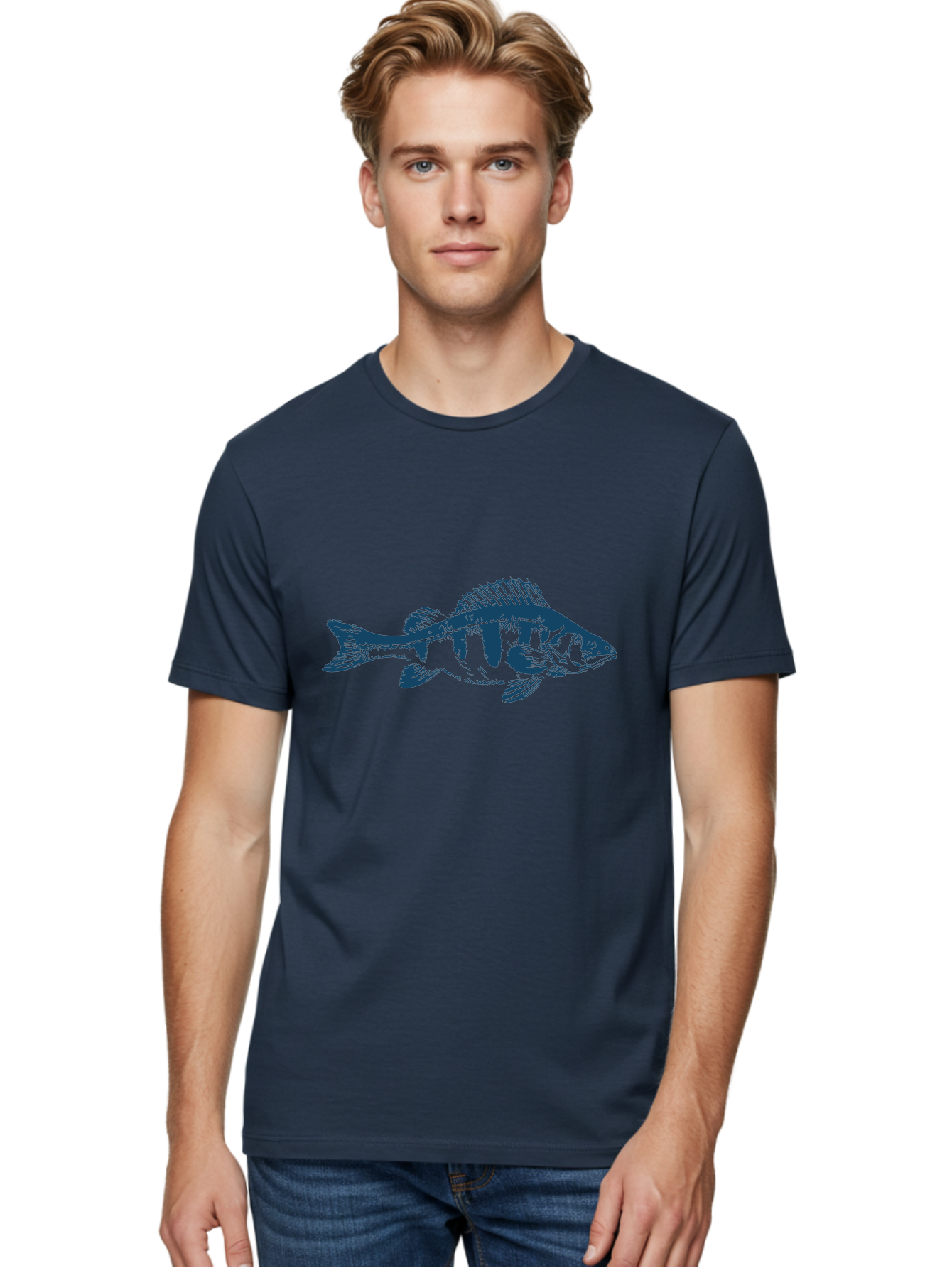 Strikefin Fish Men'S Graphic Tee, 100% Cotton, Comfortable Casual Summer Wear, Machine Washable, Bass Fish Illustration, Line Art, Aquatic Life, Water Sports, Freshwater Fish, Fishing, Monochrome Art, Simple Design, Minimalist, Wildlife Art Aae675 10