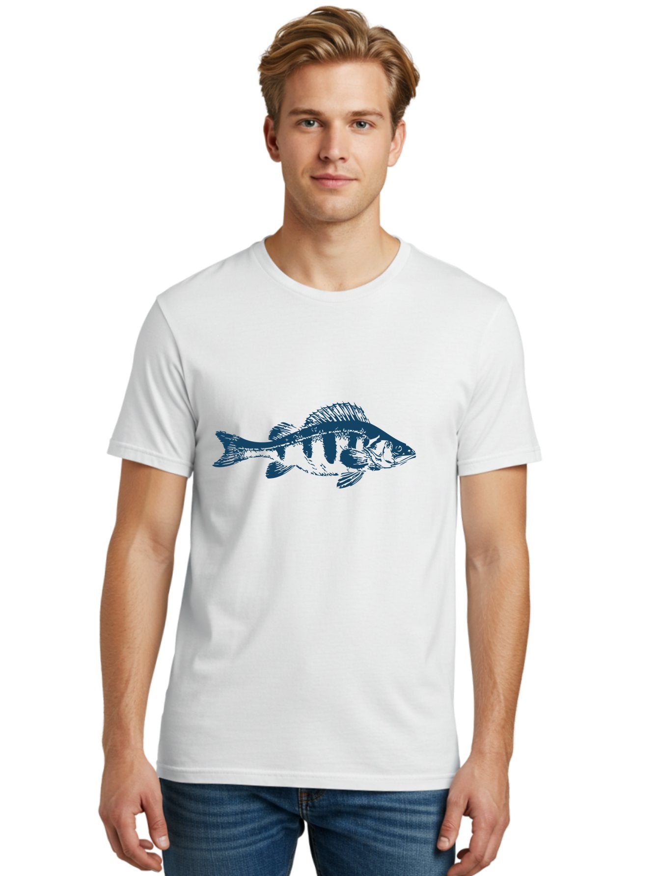 Strikefin Fish Men'S Graphic Tee, 100% Cotton, Comfortable Casual Summer Wear, Machine Washable, Bass Fish Illustration, Line Art, Aquatic Life, Water Sports, Freshwater Fish, Fishing, Monochrome Art, Simple Design, Minimalist, Wildlife Art Aae675 26