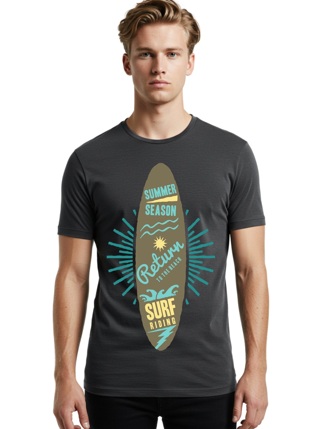 Surf Riding Men'S Graphic Tee, 100% Cotton, Comfortable Casual Summer Wear, Machine Washable, Surfing Graphics, Beach Vibes, Summer Season, Surf Riding, Retro Design, Sun Symbol, Wavy Lines, Surfing Culture, Coastal Lifestyle, Summer Fun Aae677 21