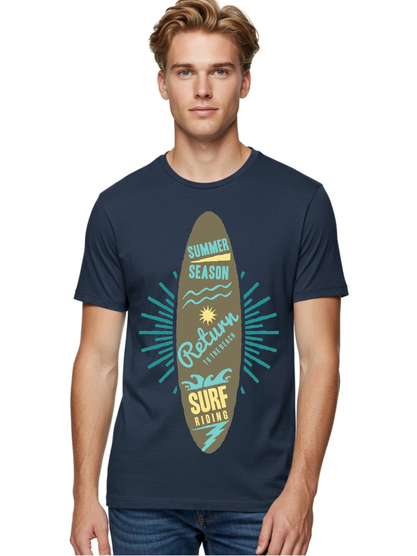 Surf Riding Men'S Graphic Tee, 100% Cotton, Comfortable Casual Summer Wear, Machine Washable, Surfing Graphics, Beach Vibes, Summer Season, Surf Riding, Retro Design, Sun Symbol, Wavy Lines, Surfing Culture, Coastal Lifestyle, Summer Fun Aae677 25