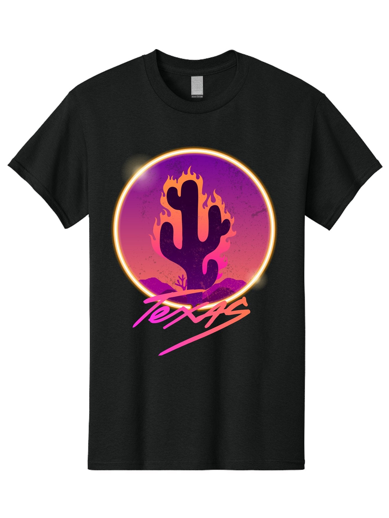 Texas Men'S Graphic Tee, 100% Cotton, Comfortable Casual Summer Wear, Machine Washable, Cactus On Fire, Fiery Desert Landscape, Purple And Orange Gradient, Glowing Effect, Neon Light, Landscape Design, Western Theme, Desert Scenery Aae688