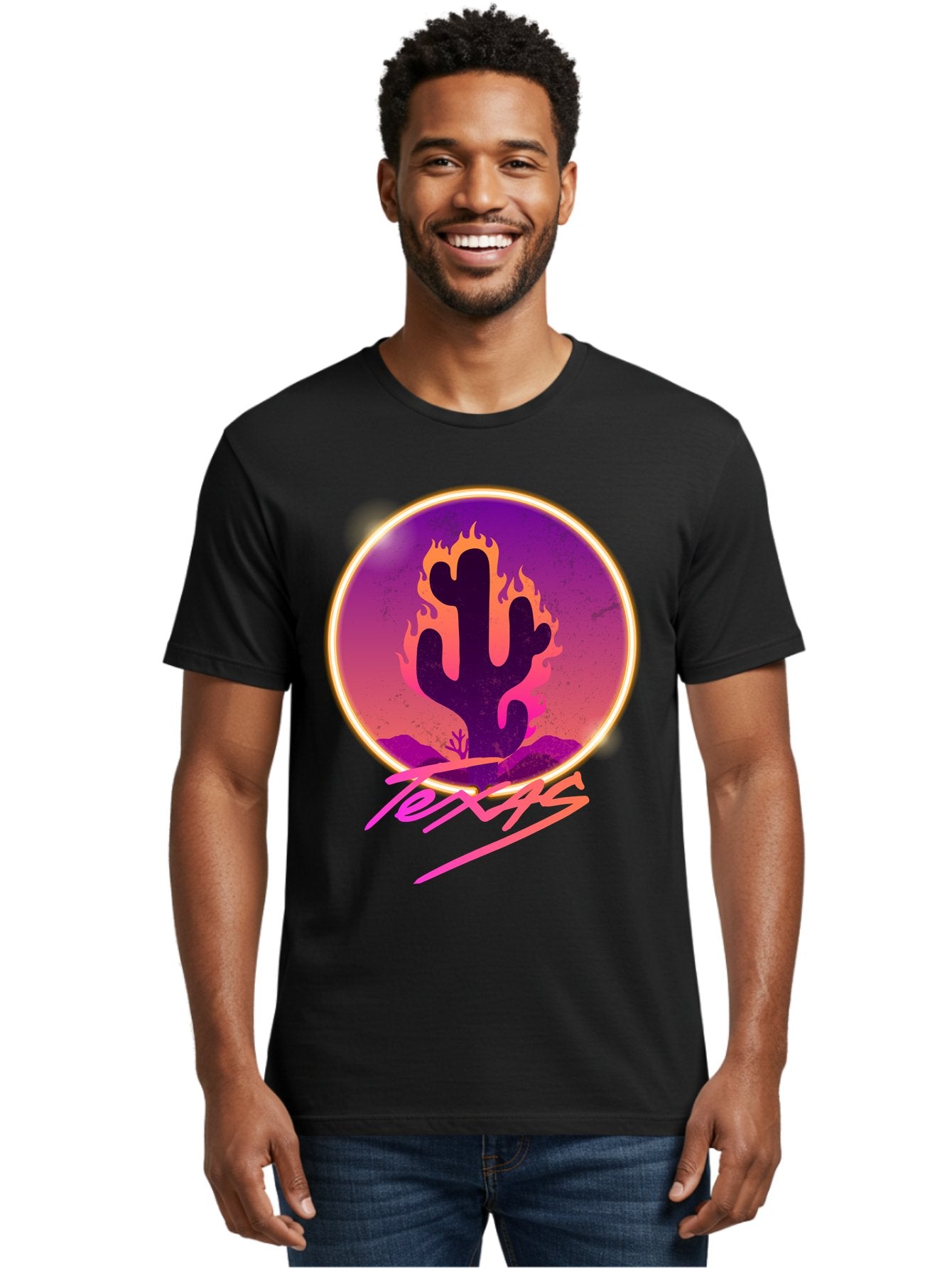 Texas Men'S Graphic Tee, 100% Cotton, Comfortable Casual Summer Wear, Machine Washable, Cactus On Fire, Fiery Desert Landscape, Purple And Orange Gradient, Glowing Effect, Neon Light, Landscape Design, Western Theme, Desert Scenery Aae688 19