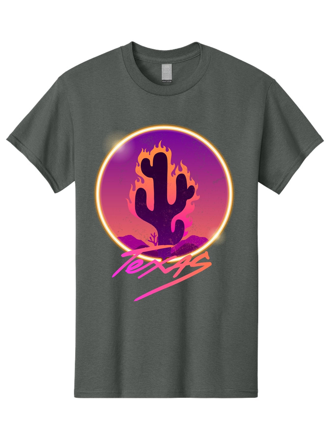 Texas Men'S Graphic Tee, 100% Cotton, Comfortable Casual Summer Wear, Machine Washable, Cactus On Fire, Fiery Desert Landscape, Purple And Orange Gradient, Glowing Effect, Neon Light, Landscape Design, Western Theme, Desert Scenery Aae688 13