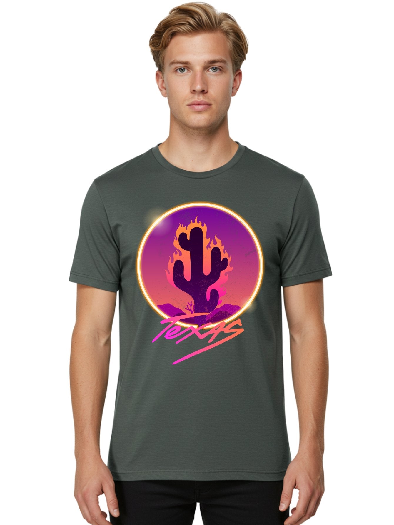 Texas Men'S Graphic Tee, 100% Cotton, Comfortable Casual Summer Wear, Machine Washable, Cactus On Fire, Fiery Desert Landscape, Purple And Orange Gradient, Glowing Effect, Neon Light, Landscape Design, Western Theme, Desert Scenery Aae688 20