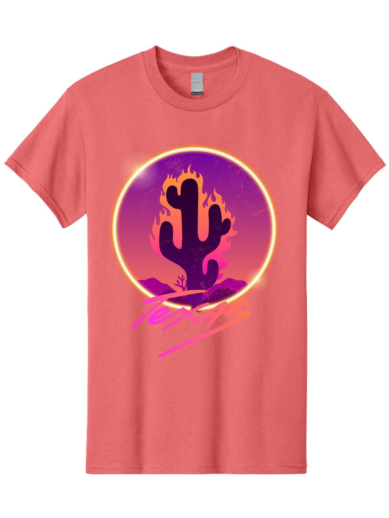 Texas Men'S Graphic Tee, 100% Cotton, Comfortable Casual Summer Wear, Machine Washable, Cactus On Fire, Fiery Desert Landscape, Purple And Orange Gradient, Glowing Effect, Neon Light, Landscape Design, Western Theme, Desert Scenery Aae688 8