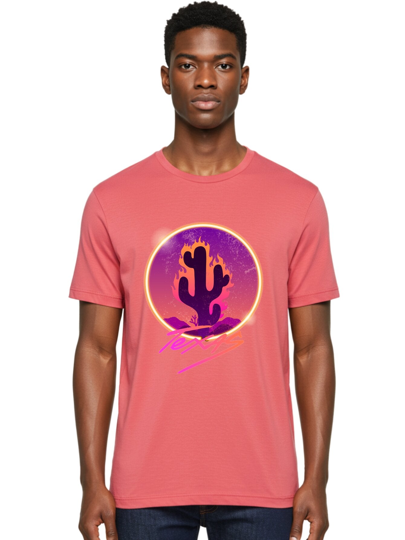 Texas Men'S Graphic Tee, 100% Cotton, Comfortable Casual Summer Wear, Machine Washable, Cactus On Fire, Fiery Desert Landscape, Purple And Orange Gradient, Glowing Effect, Neon Light, Landscape Design, Western Theme, Desert Scenery Aae688 25