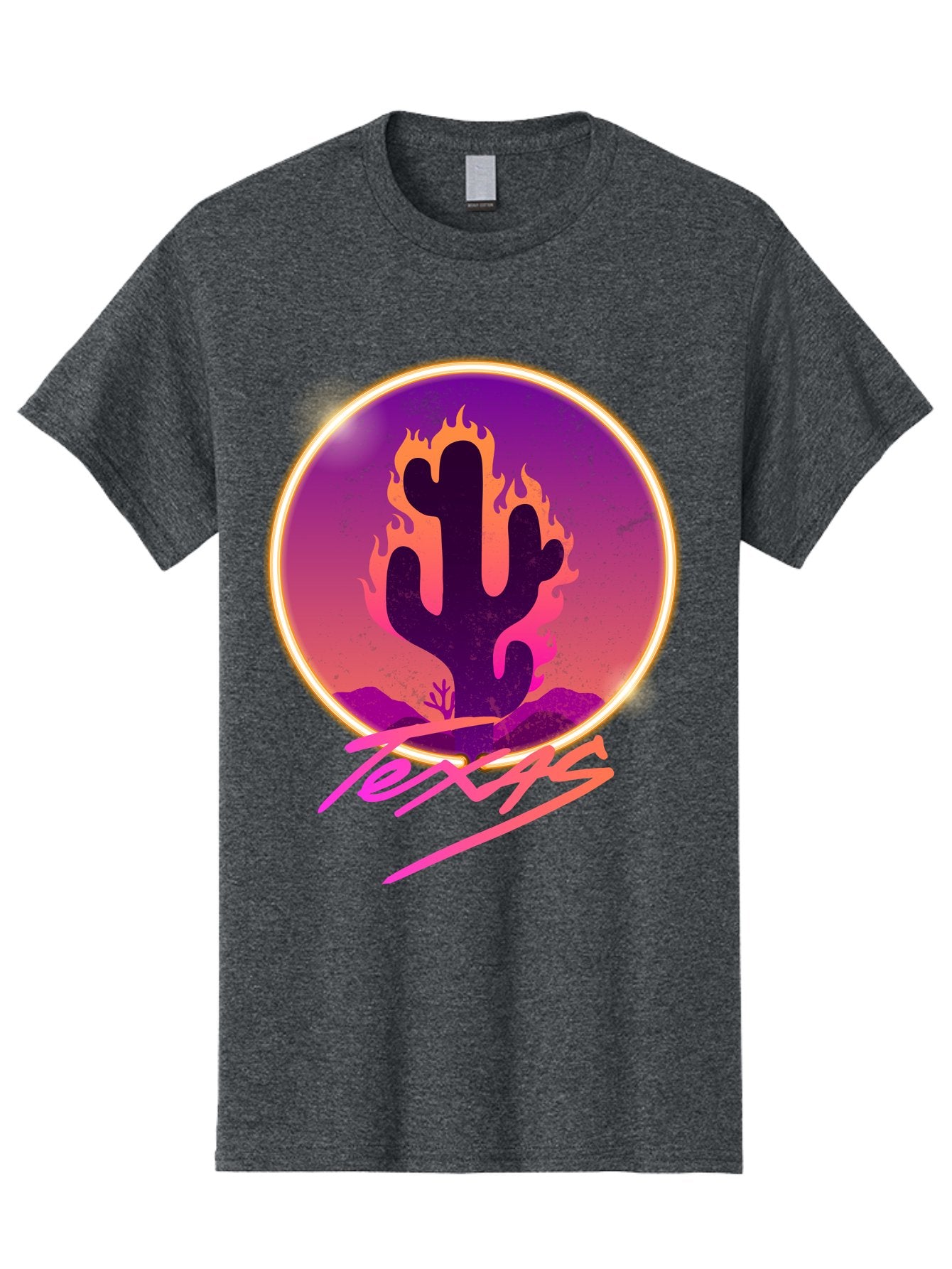 Texas Men'S Graphic Tee, 100% Cotton, Comfortable Casual Summer Wear, Machine Washable, Cactus On Fire, Fiery Desert Landscape, Purple And Orange Gradient, Glowing Effect, Neon Light, Landscape Design, Western Theme, Desert Scenery Aae688 12