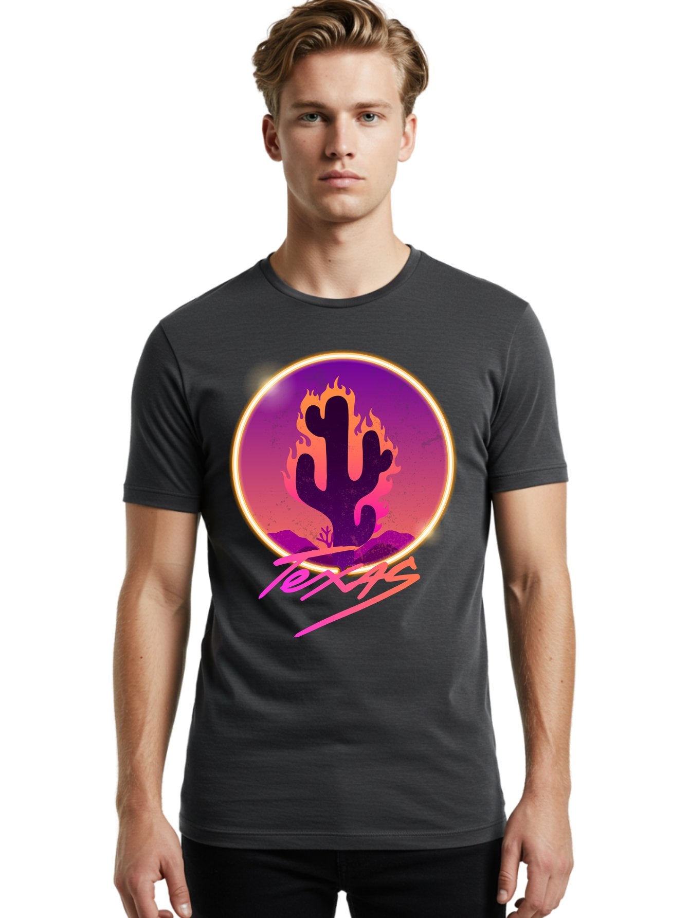 Texas Men'S Graphic Tee, 100% Cotton, Comfortable Casual Summer Wear, Machine Washable, Cactus On Fire, Fiery Desert Landscape, Purple And Orange Gradient, Glowing Effect, Neon Light, Landscape Design, Western Theme, Desert Scenery Aae688 28