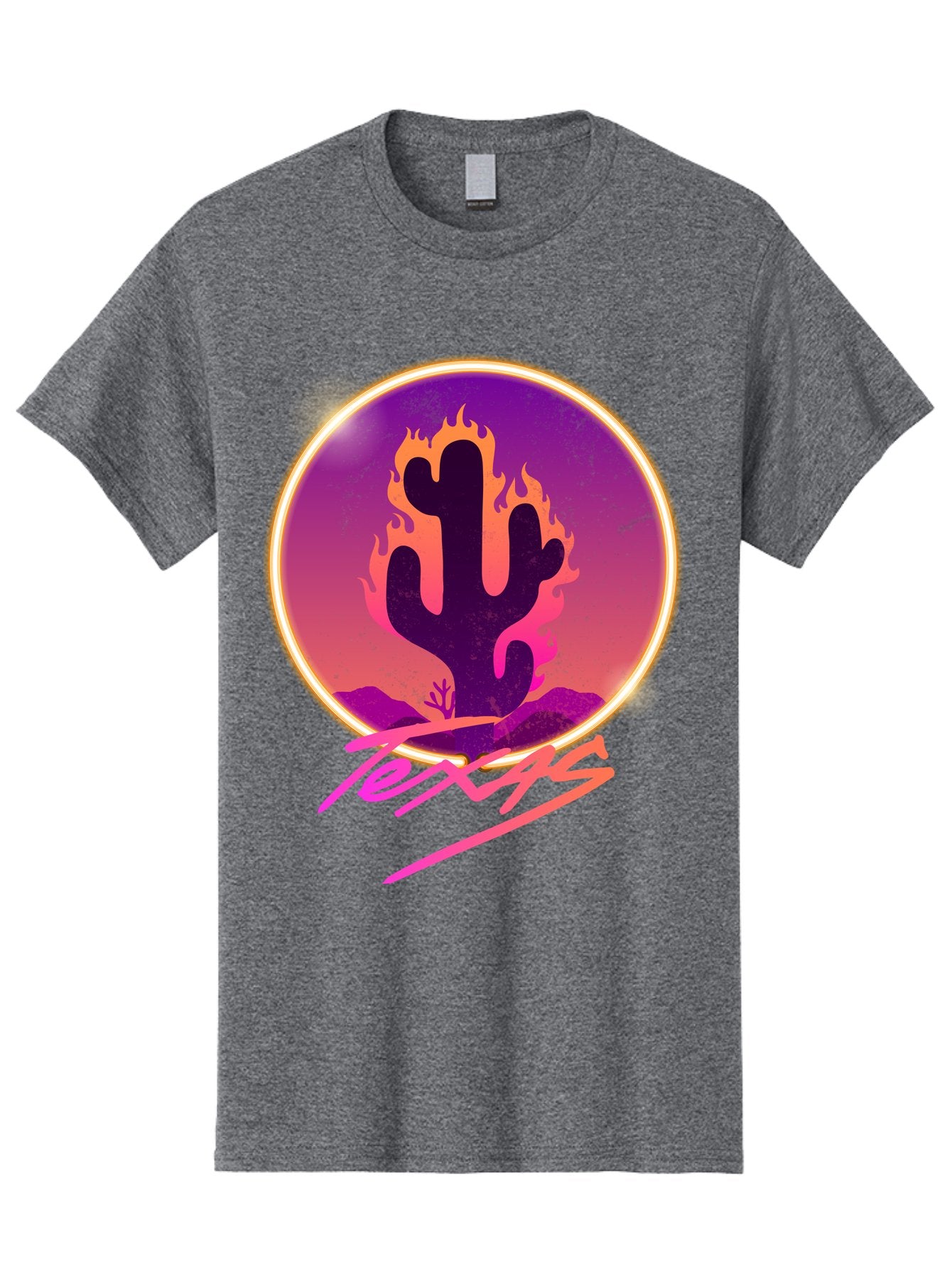 Texas Men'S Graphic Tee, 100% Cotton, Comfortable Casual Summer Wear, Machine Washable, Cactus On Fire, Fiery Desert Landscape, Purple And Orange Gradient, Glowing Effect, Neon Light, Landscape Design, Western Theme, Desert Scenery Aae688 7