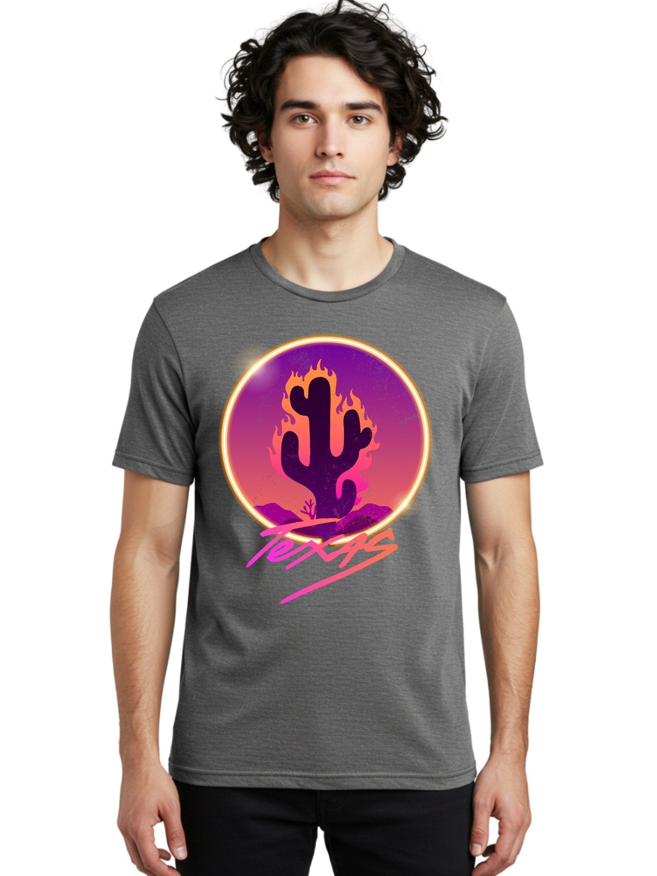 Texas Men'S Graphic Tee, 100% Cotton, Comfortable Casual Summer Wear, Machine Washable, Cactus On Fire, Fiery Desert Landscape, Purple And Orange Gradient, Glowing Effect, Neon Light, Landscape Design, Western Theme, Desert Scenery Aae688 16