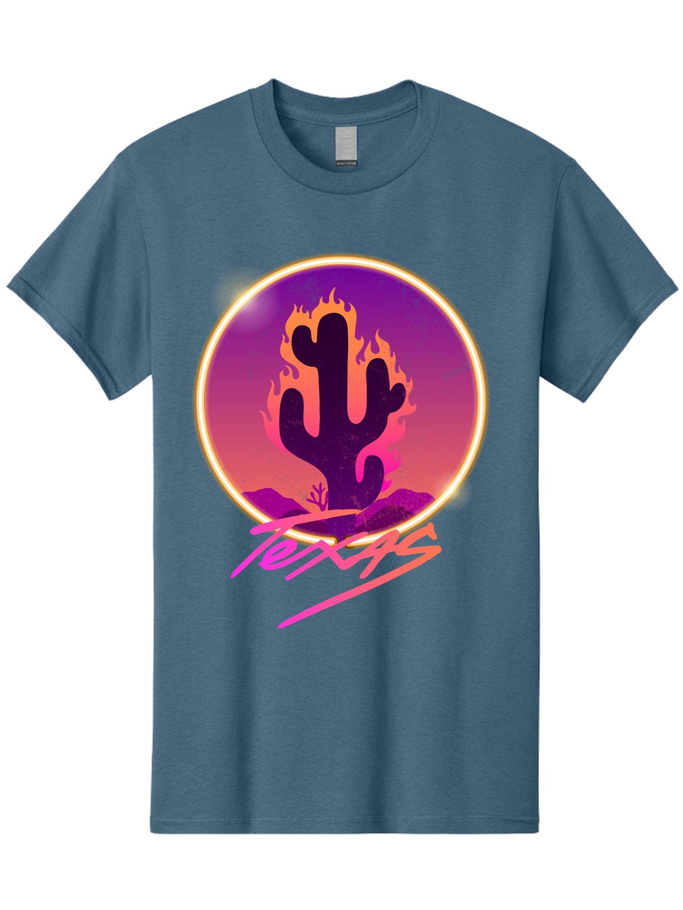 Texas Men'S Graphic Tee, 100% Cotton, Comfortable Casual Summer Wear, Machine Washable, Cactus On Fire, Fiery Desert Landscape, Purple And Orange Gradient, Glowing Effect, Neon Light, Landscape Design, Western Theme, Desert Scenery Aae688 15