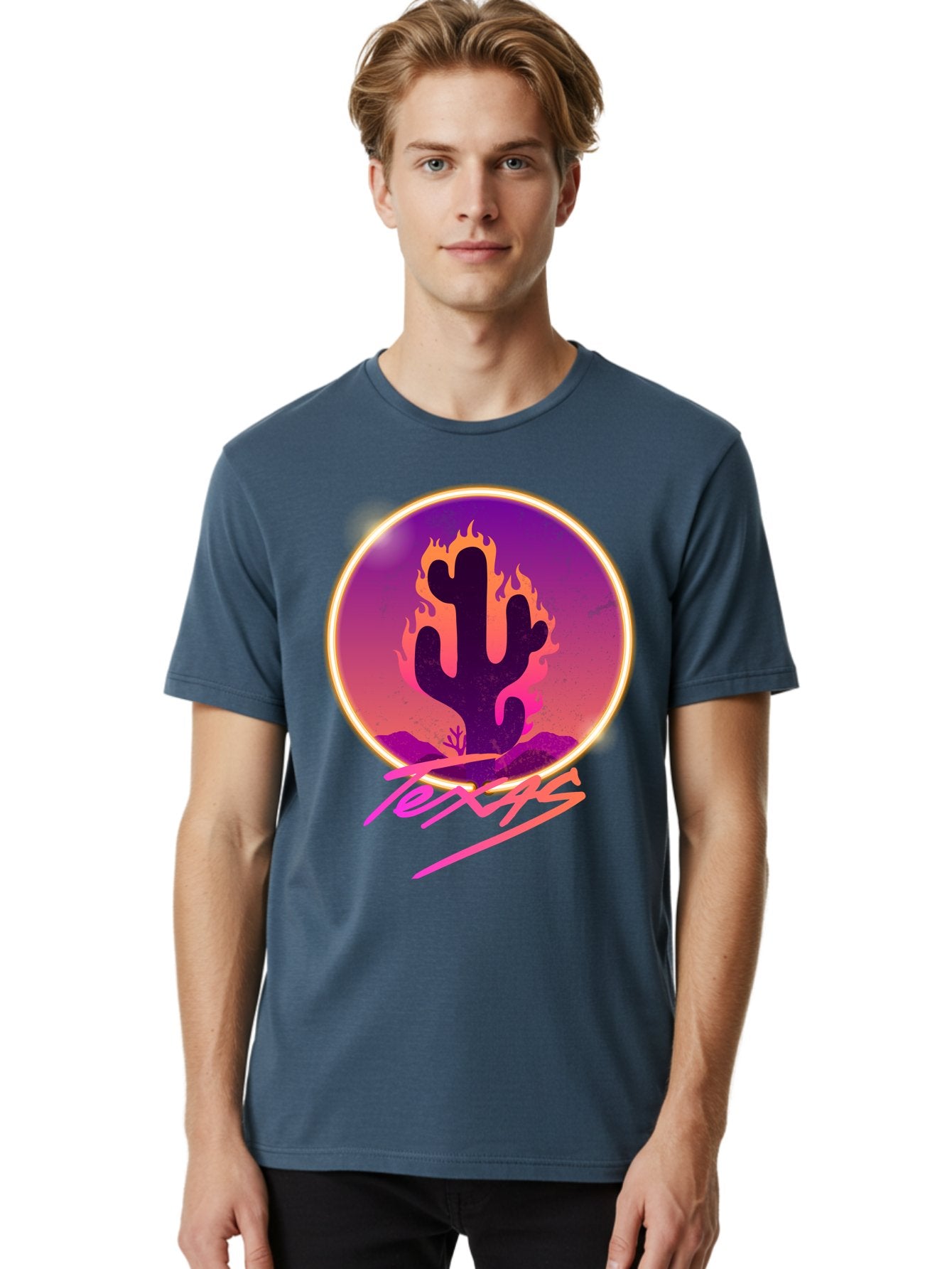 Texas Men'S Graphic Tee, 100% Cotton, Comfortable Casual Summer Wear, Machine Washable, Cactus On Fire, Fiery Desert Landscape, Purple And Orange Gradient, Glowing Effect, Neon Light, Landscape Design, Western Theme, Desert Scenery Aae688 30