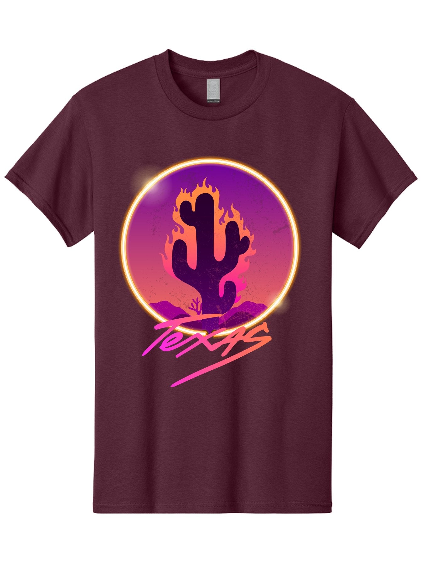 Texas Men'S Graphic Tee, 100% Cotton, Comfortable Casual Summer Wear, Machine Washable, Cactus On Fire, Fiery Desert Landscape, Purple And Orange Gradient, Glowing Effect, Neon Light, Landscape Design, Western Theme, Desert Scenery Aae688