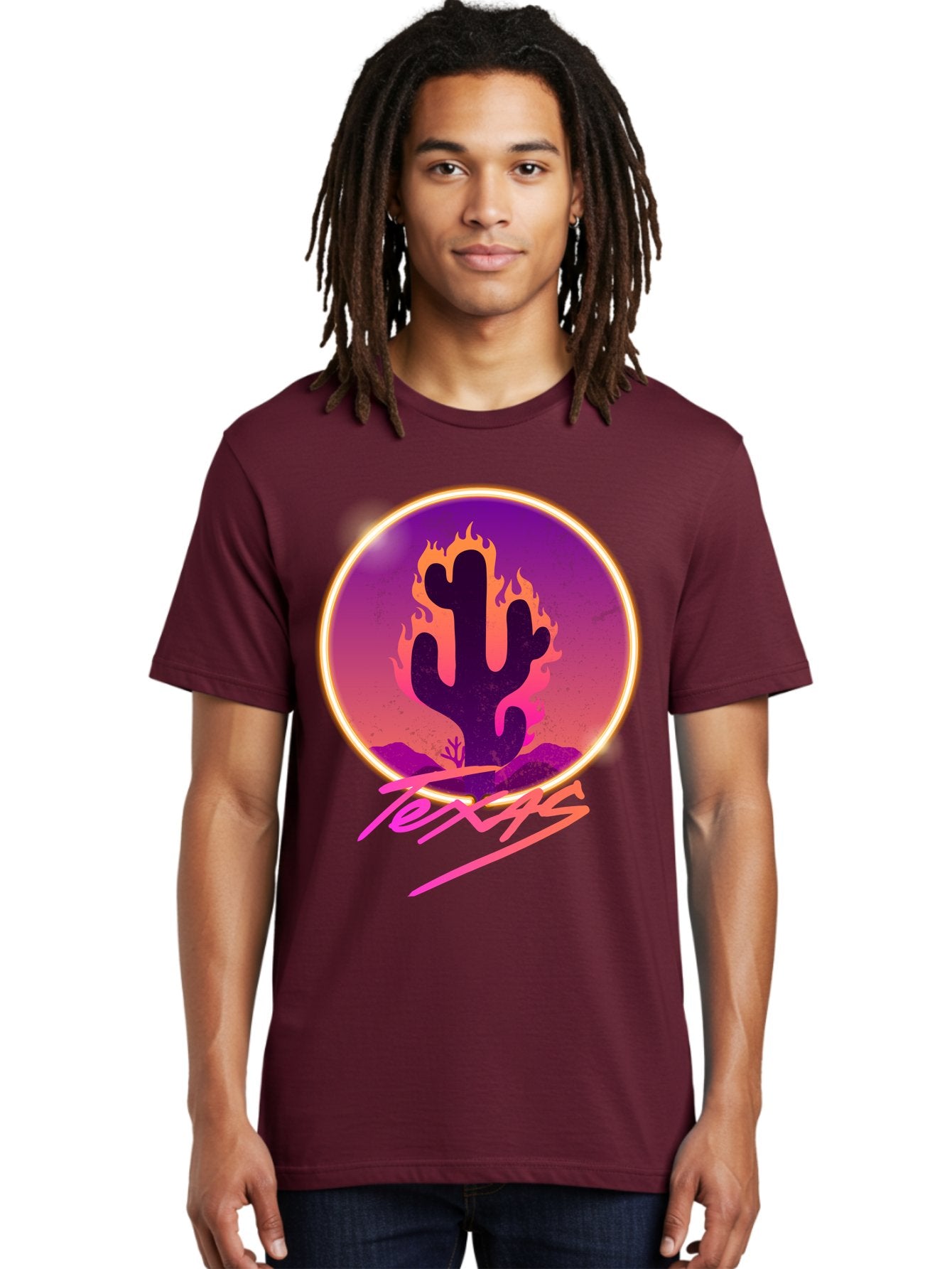 Texas Men'S Graphic Tee, 100% Cotton, Comfortable Casual Summer Wear, Machine Washable, Cactus On Fire, Fiery Desert Landscape, Purple And Orange Gradient, Glowing Effect, Neon Light, Landscape Design, Western Theme, Desert Scenery Aae688 21