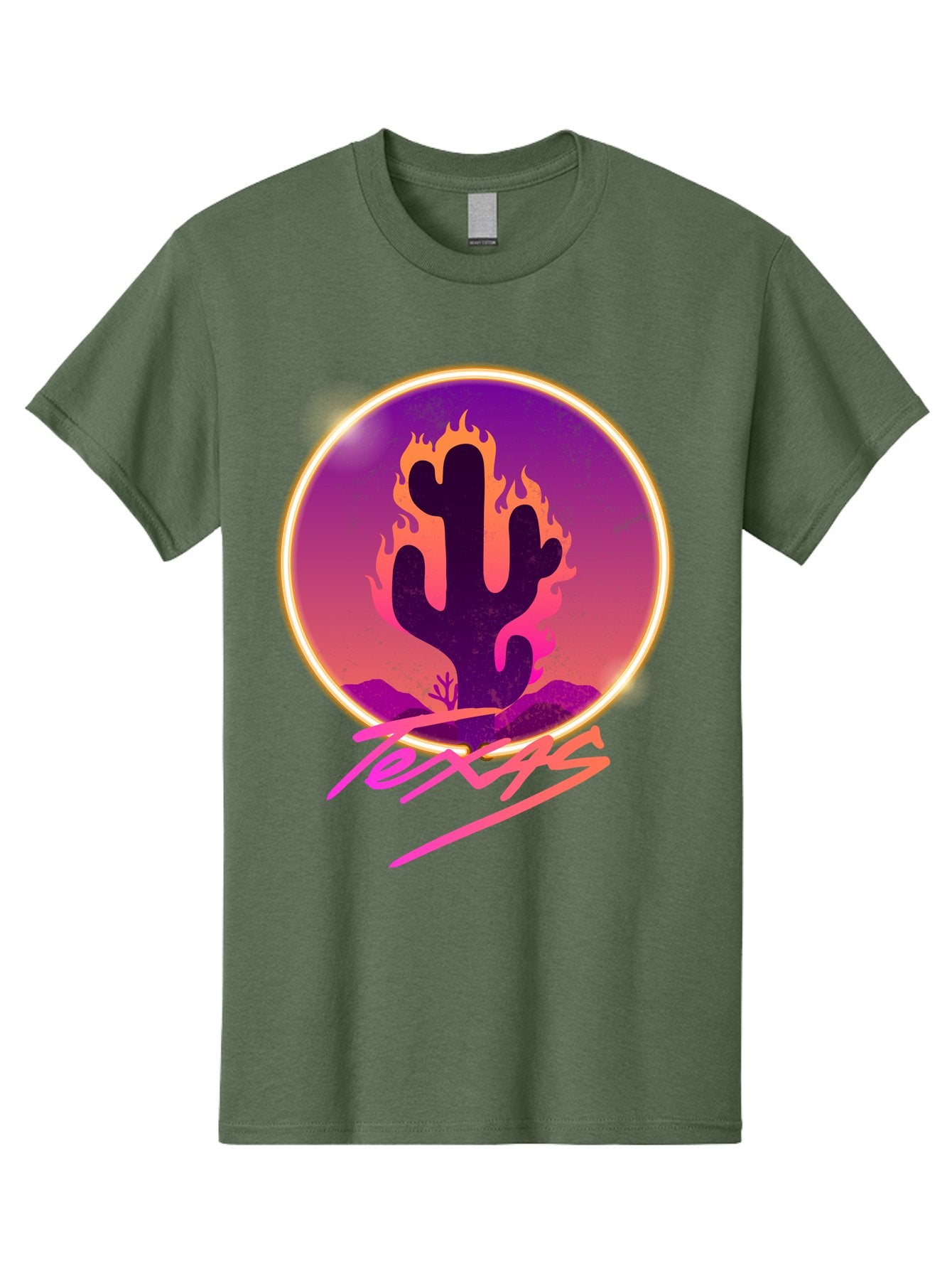 Texas Men'S Graphic Tee, 100% Cotton, Comfortable Casual Summer Wear, Machine Washable, Cactus On Fire, Fiery Desert Landscape, Purple And Orange Gradient, Glowing Effect, Neon Light, Landscape Design, Western Theme, Desert Scenery Aae688 6